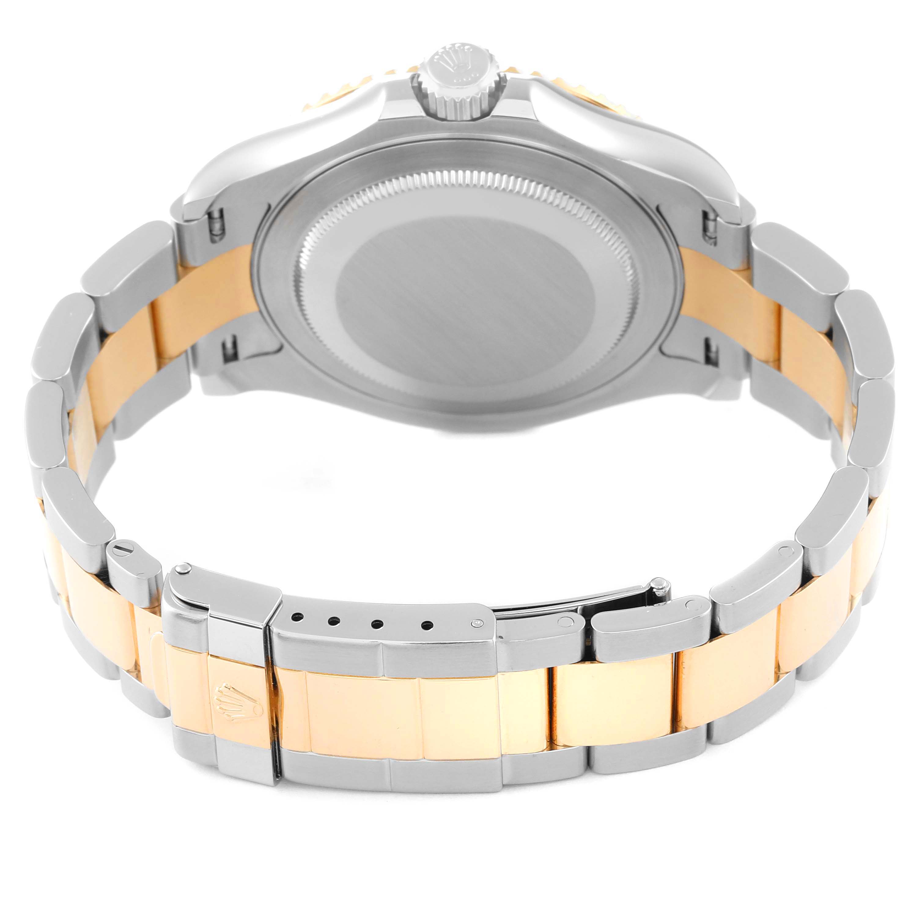 The image shows the back of a Rolex Yacht-Master 16623 Men's Steel and Gold (two tone) Grey Dial 16623 Men's Steel and Gold (two tone) Grey Dial watch, highlighting the clasp and the two-tone bracelet.