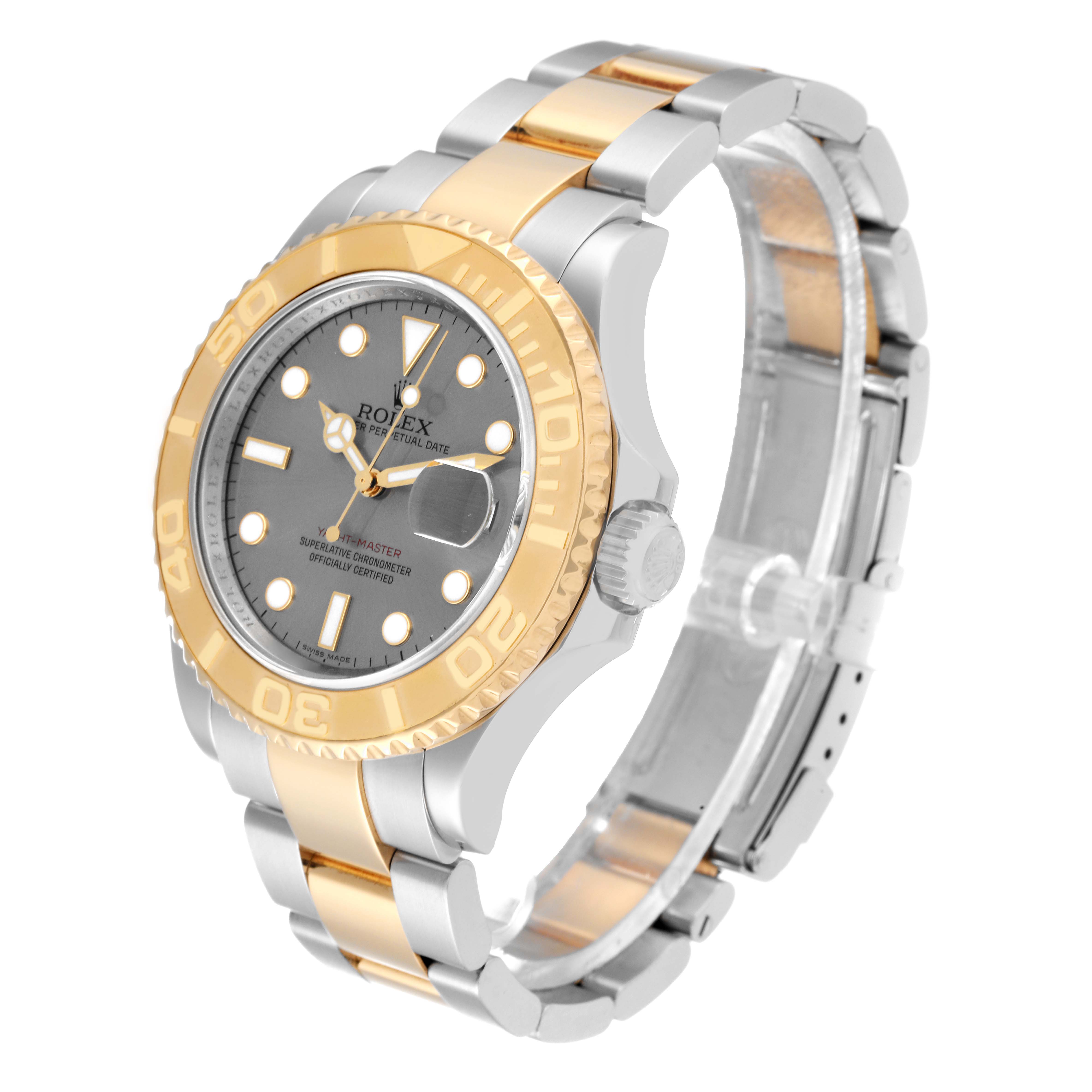 The image shows the Rolex Yacht-Master 16623 Men's Steel and Gold (two tone) Grey Dial 16623 Men's Steel and Gold (two tone) Grey Dial watch at a three-quarter angle, with its two-tone band and face clearly visible.