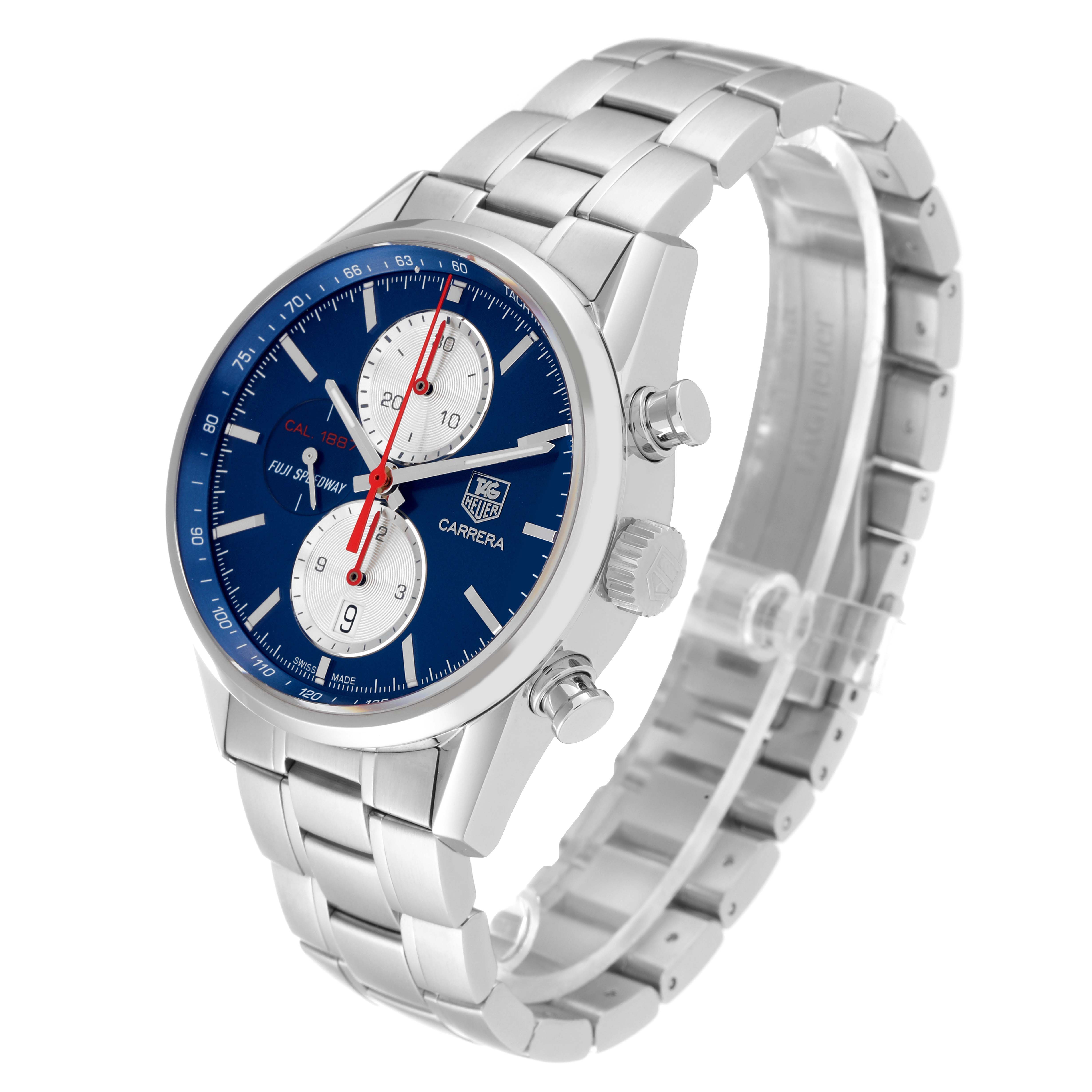 The Tag Heuer Carrera Limited Edition watch is shown at an angled side view, displaying the face, bracelet, and crown.