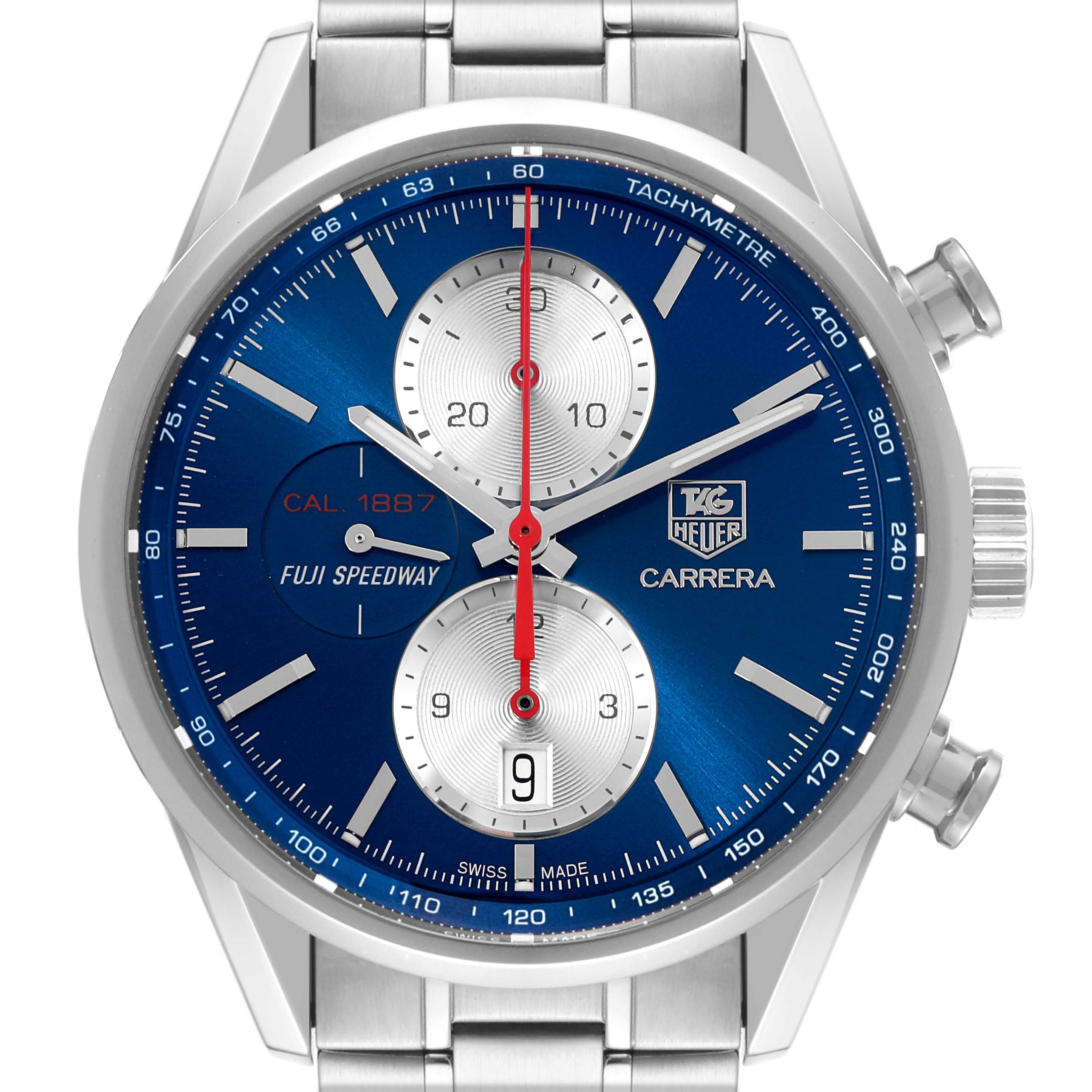 The image shows a front view of the Tag Heuer Carrera Limited Edition watch, displaying its blue dial, subdials, and tachymeter scale.