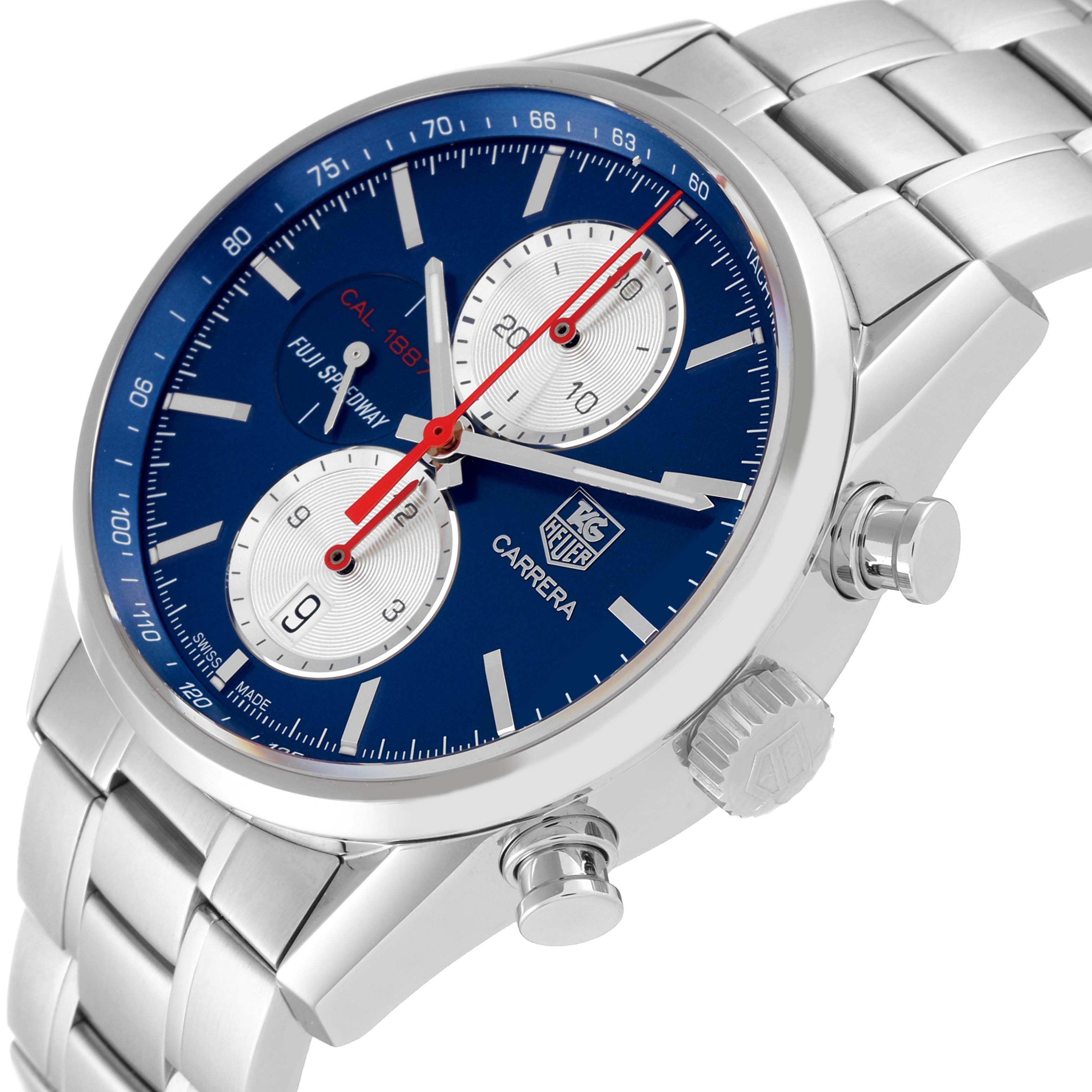 The image shows a close-up, angled view of the dial, case, and bracelet of the Tag Heuer Carrera Limited Edition model watch.