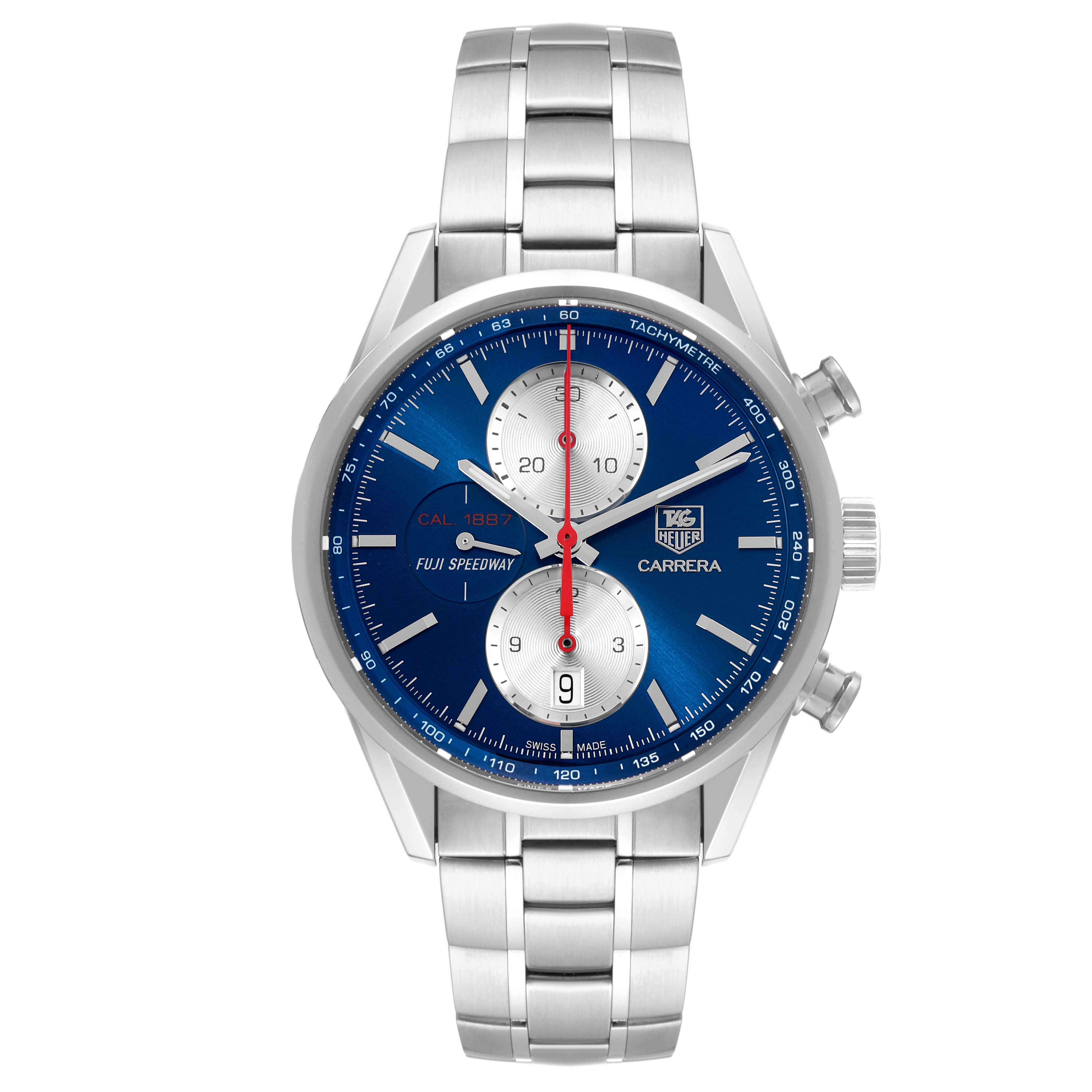 The image shows a front angle view of a Tag Heuer Carrera Fuji Speedway Limited Edition watch, featuring its face and stainless steel bracelet.