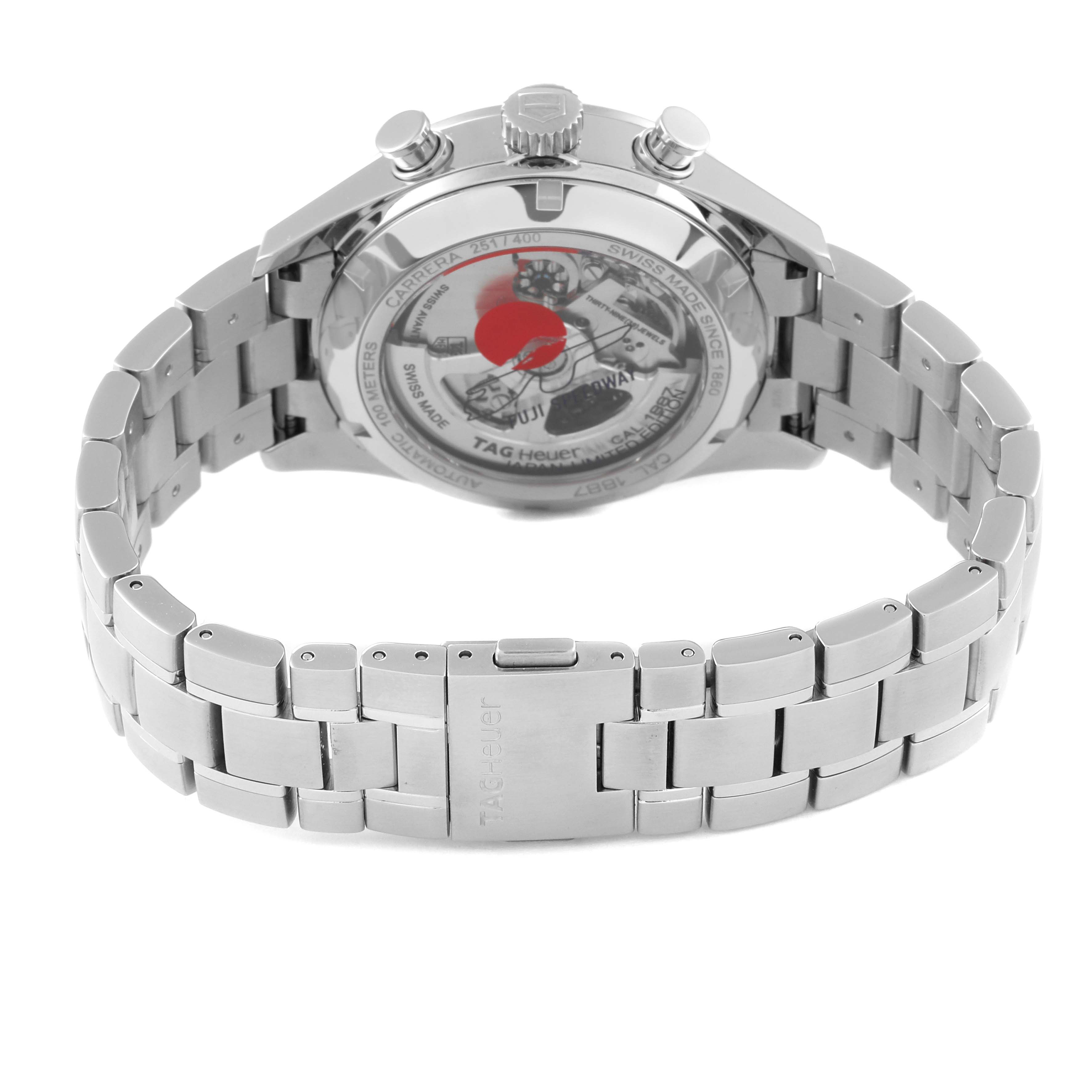 The image shows the back and bracelet of a Tag Heuer Carrera Limited Edition model watch.