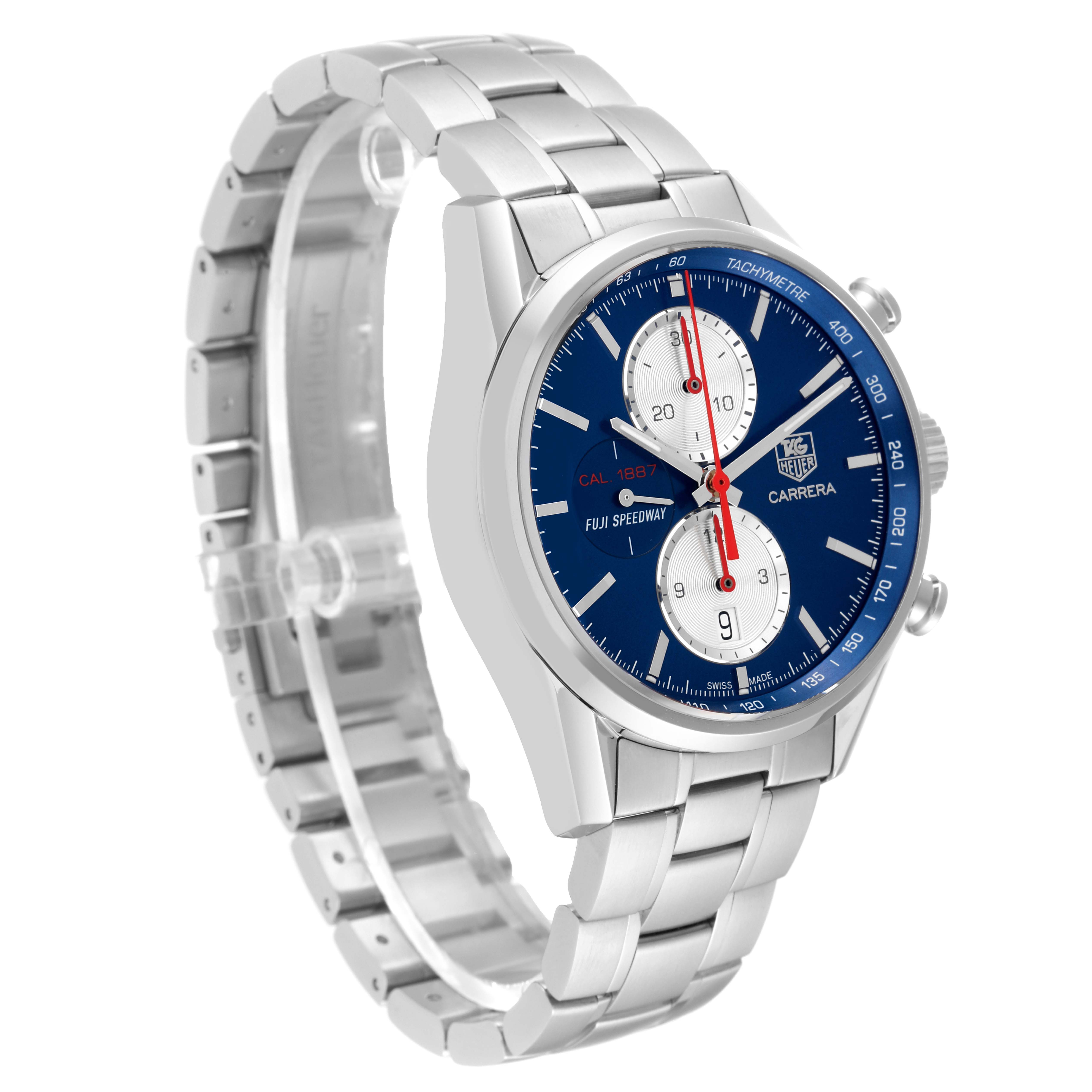 The image shows a side angle of the Tag Heuer Carrera Cal. 1887 Limited Edition watch, highlighting the dial, bezel, and metal bracelet.