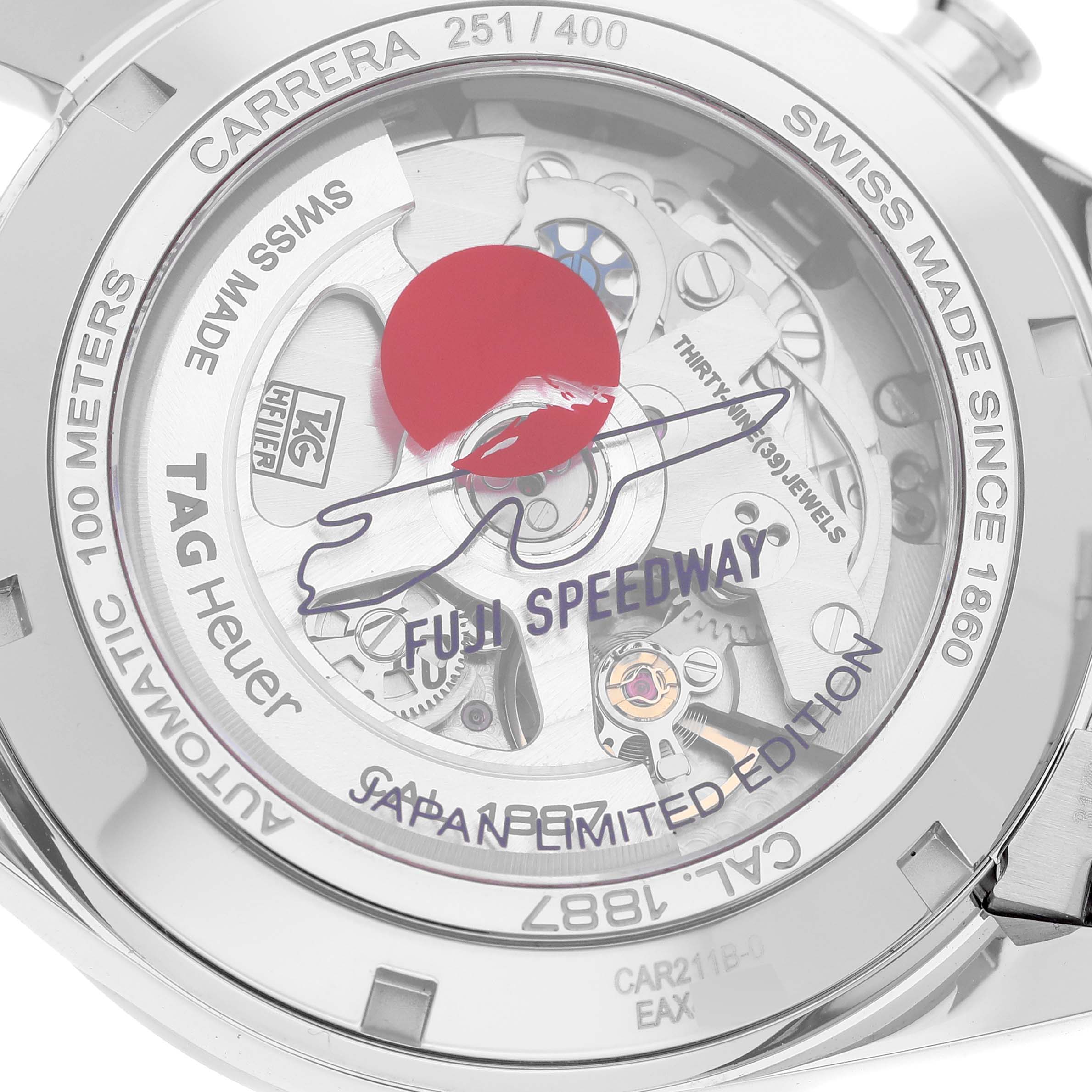 The image shows the case back of the Tag Heuer Carrera Fuji Speedway Japan Limited Edition, revealing the movement inside.
