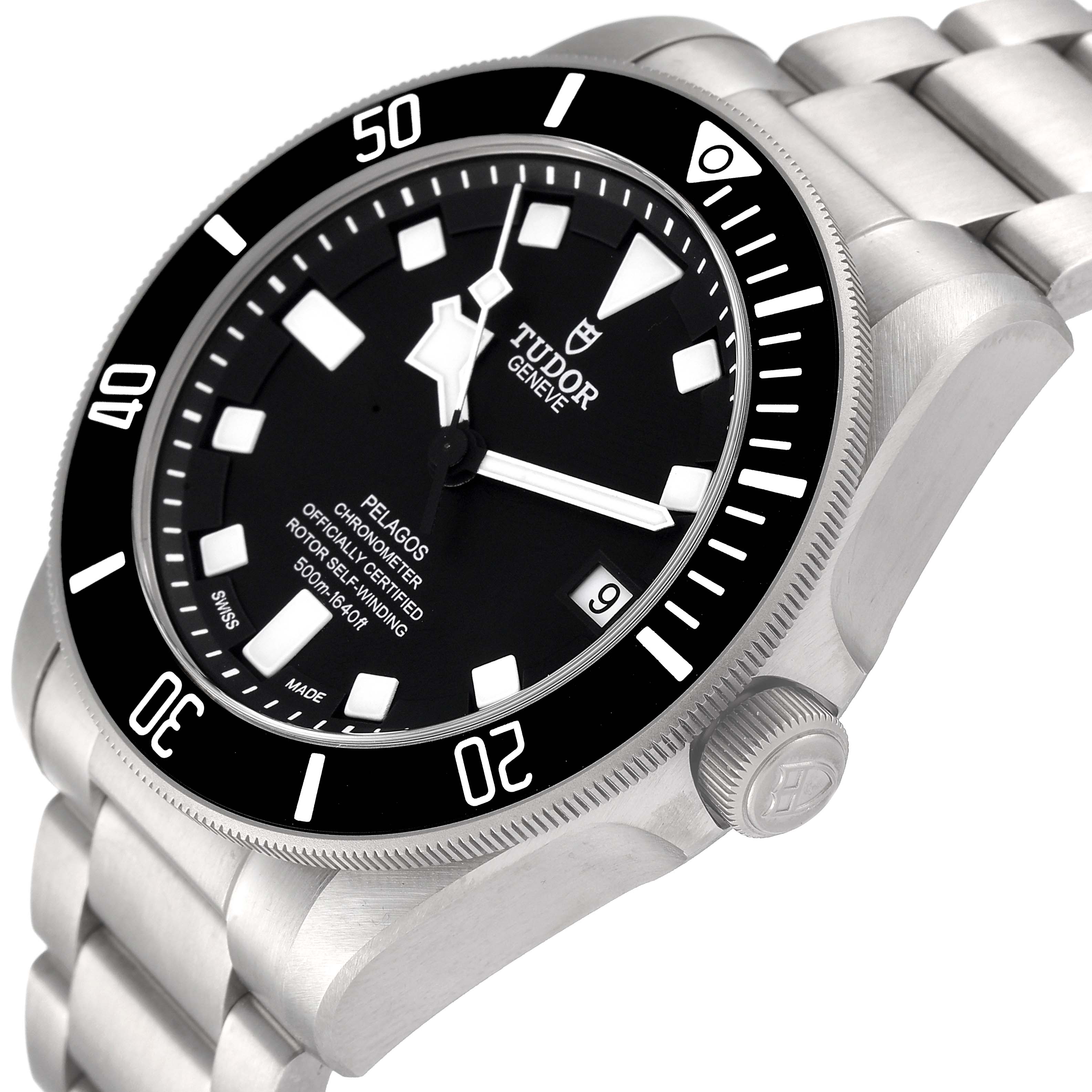 This image shows a Tudor Pelagos 25600TN Men
s Titanium Black Dial 25600TN Men
s Titanium Black Dial watch from an angled side view, highlighting the dial, bezel, crown, and metal bracelet.