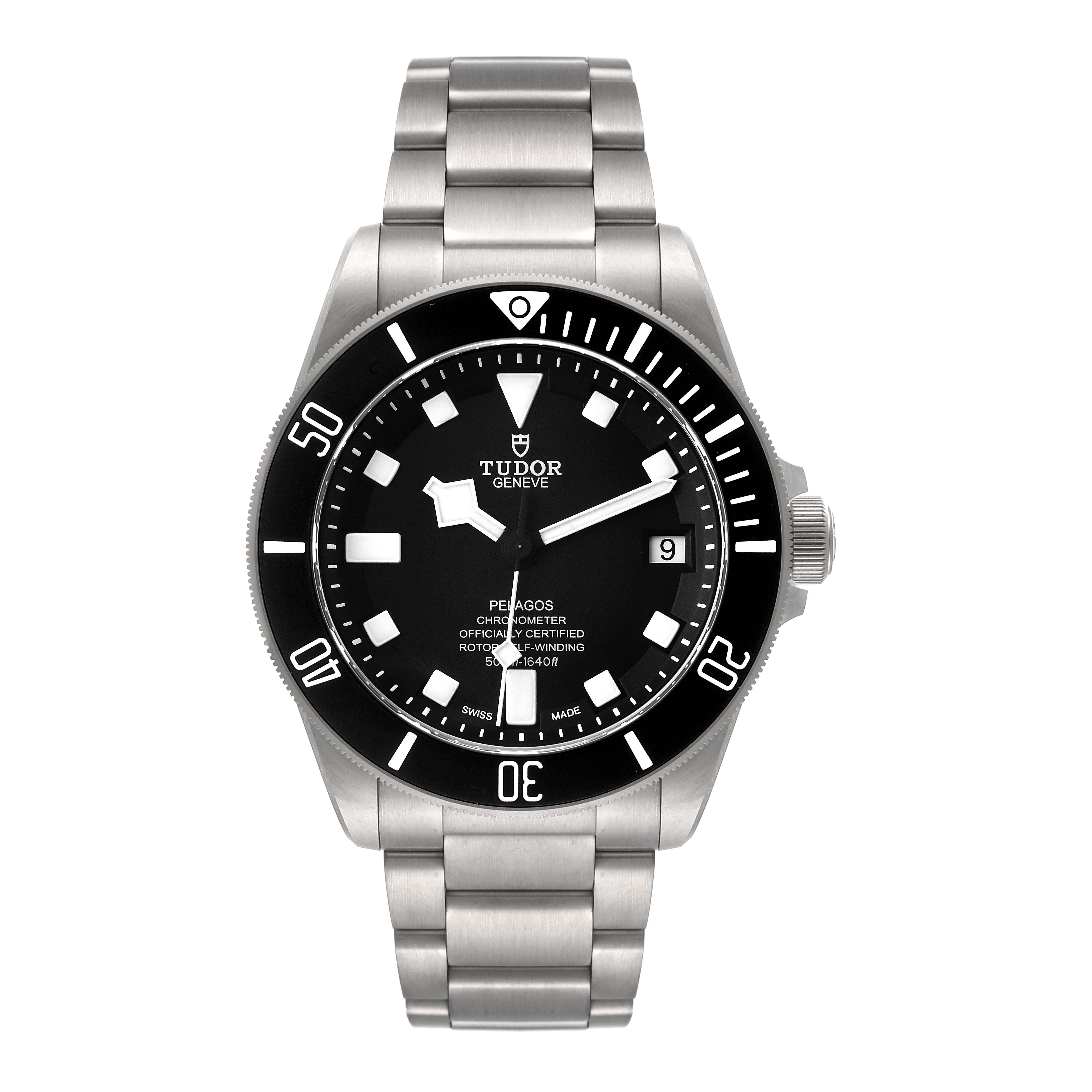 This image shows a front view of the Tudor Pelagos 25600TN Men
s Titanium Black Dial 25600TN Men
s Titanium Black Dial watch, including the dial, bezel, hands, bracelet, and crown.