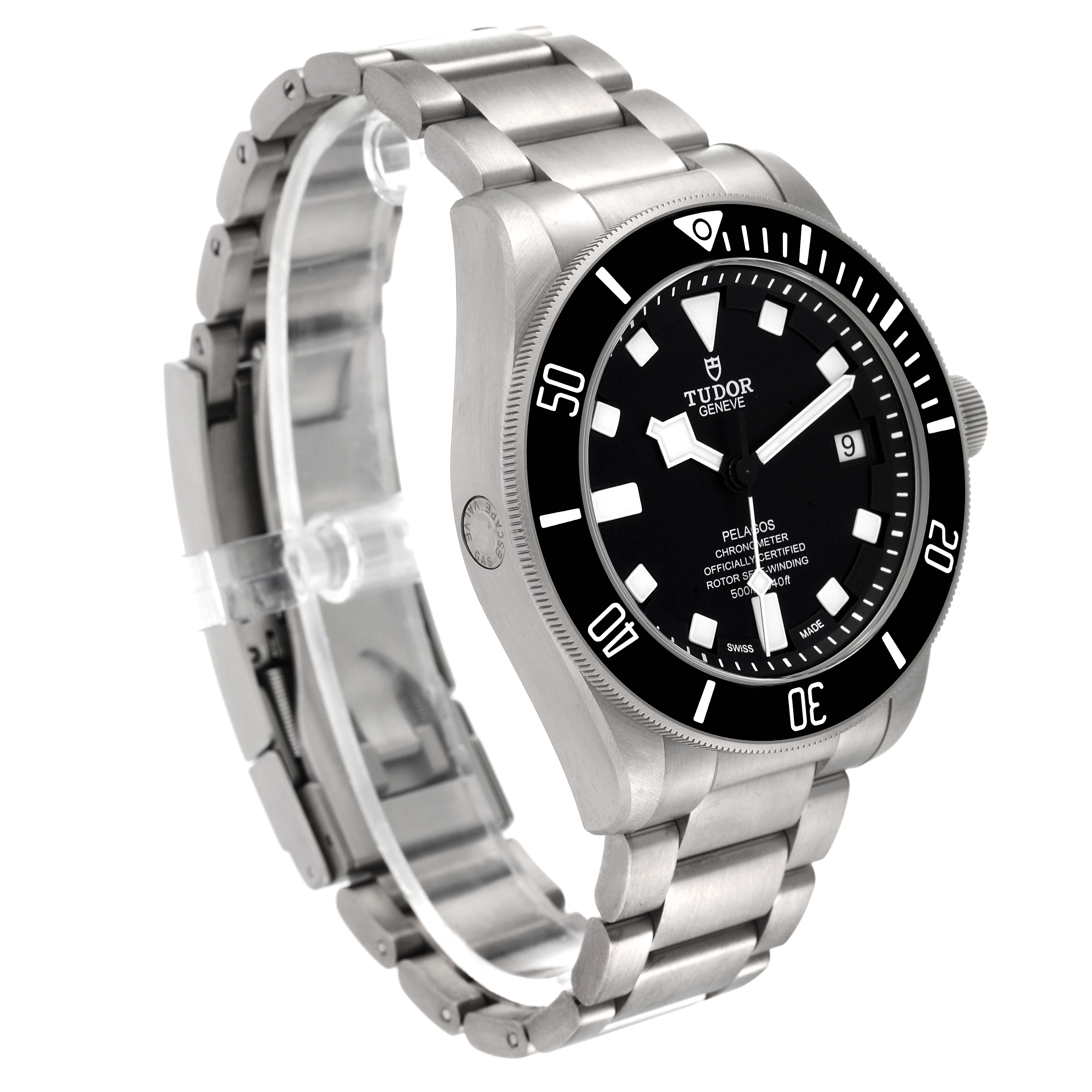 The Tudor Pelagos 25600TN Men
s Titanium Black Dial 25600TN Men
s Titanium Black Dial watch is shown at an angle highlighting its face, bezel, crown, and stainless steel bracelet.