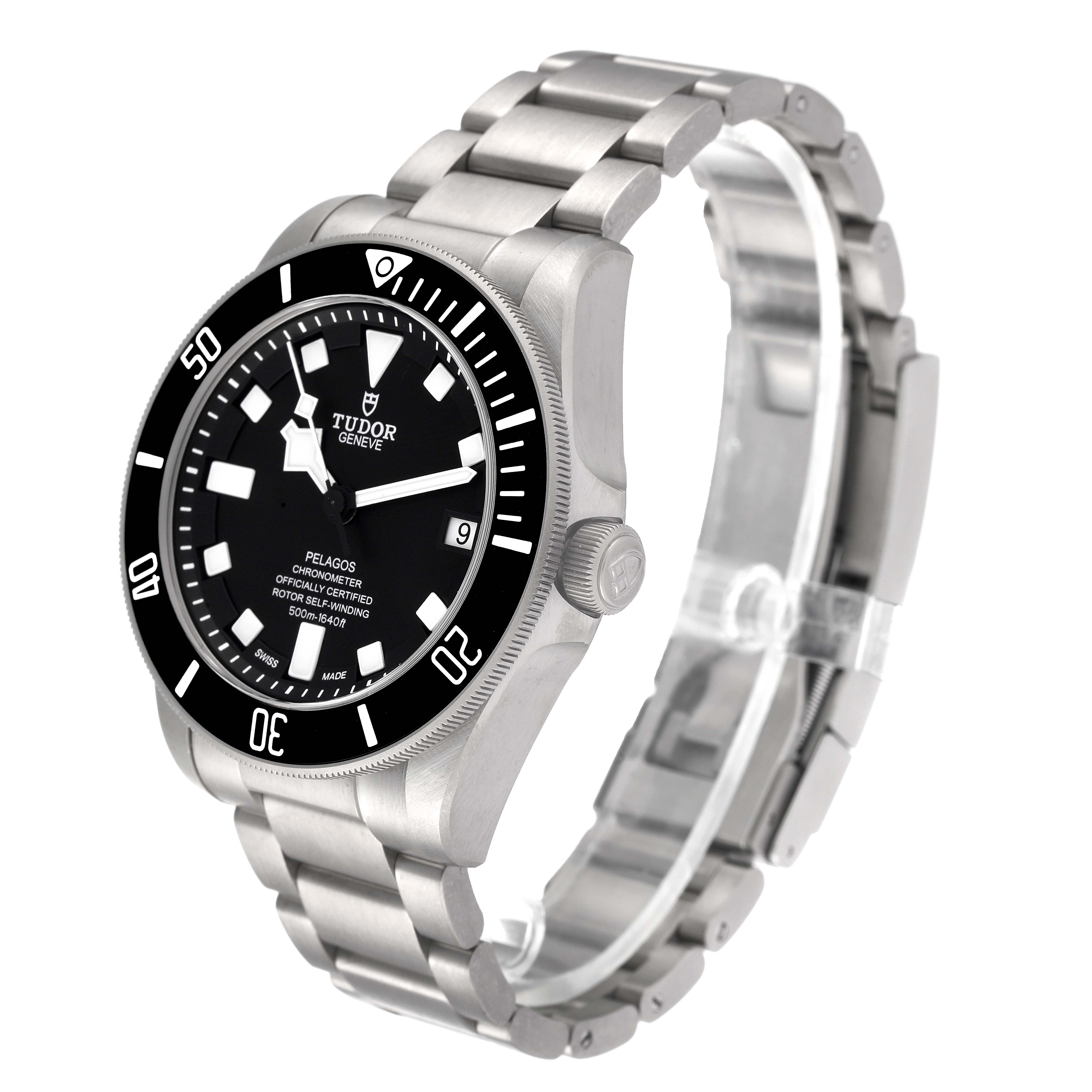 The image shows a side and front view of the Tudor Pelagos 25600TN Men
s Titanium Black Dial 25600TN Men
s Titanium Black Dial watch, including its bracelet, bezel, and dial.