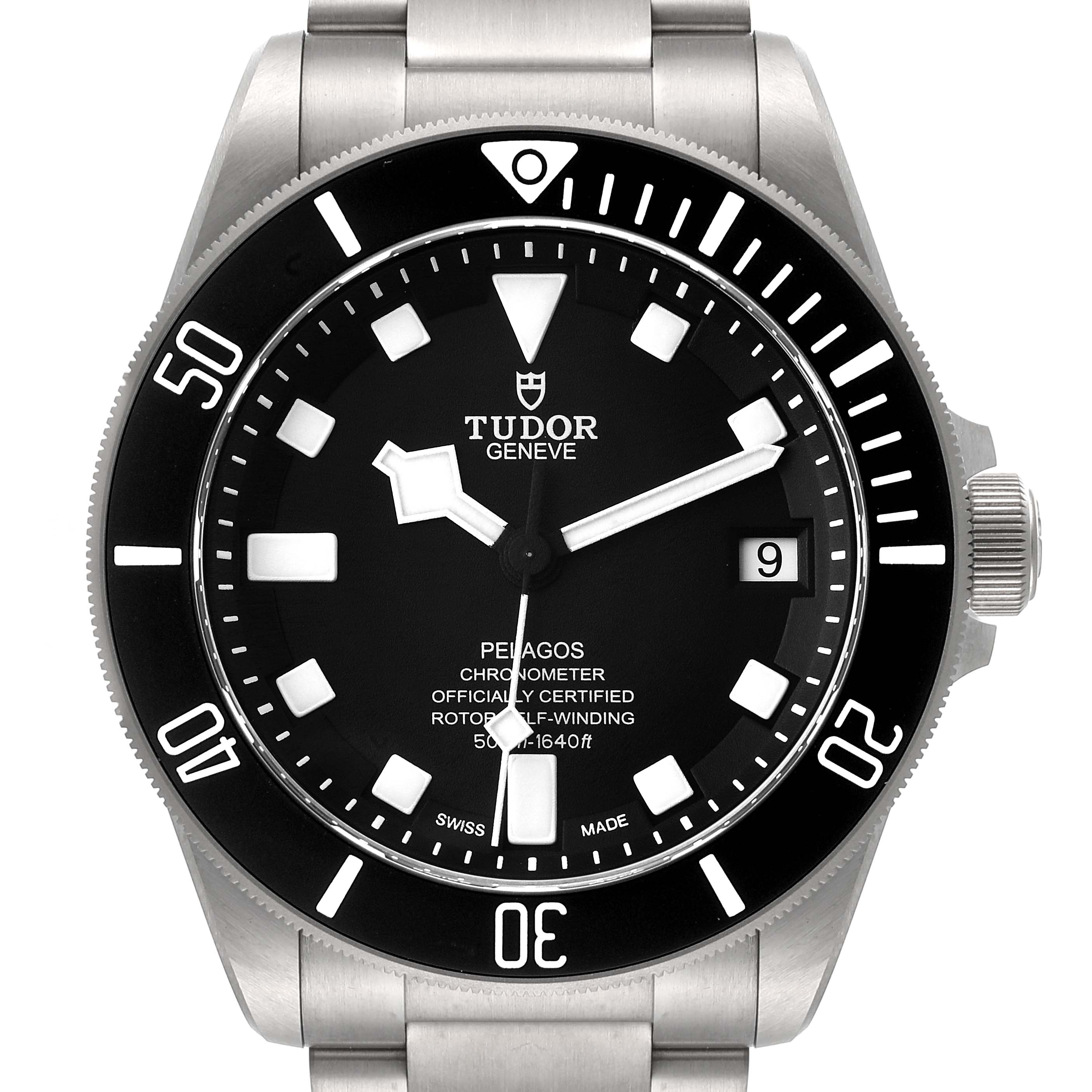 The image shows a front view of the Tudor Pelagos 25600TN Men
s Titanium Black Dial 25600TN Men
s Titanium Black Dial watch, highlighting its dial, bezel, and part of the bracelet.