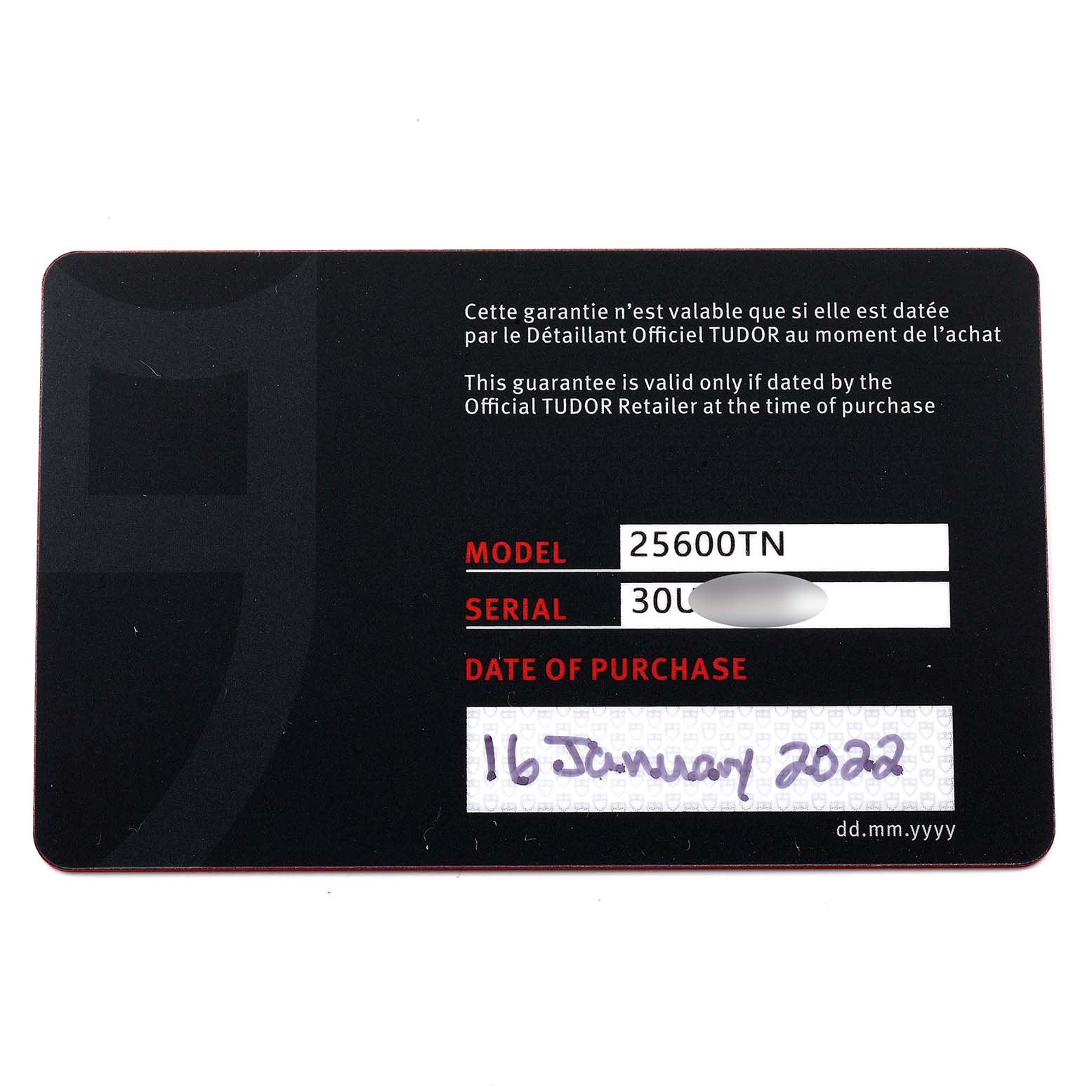 This image shows the guarantee card for a Tudor Pelagos 25600TN Men
s Titanium Black Dial 25600TN Men
s Titanium Black Dial watch, model 25600TN, with purchase date 16 January 2022.