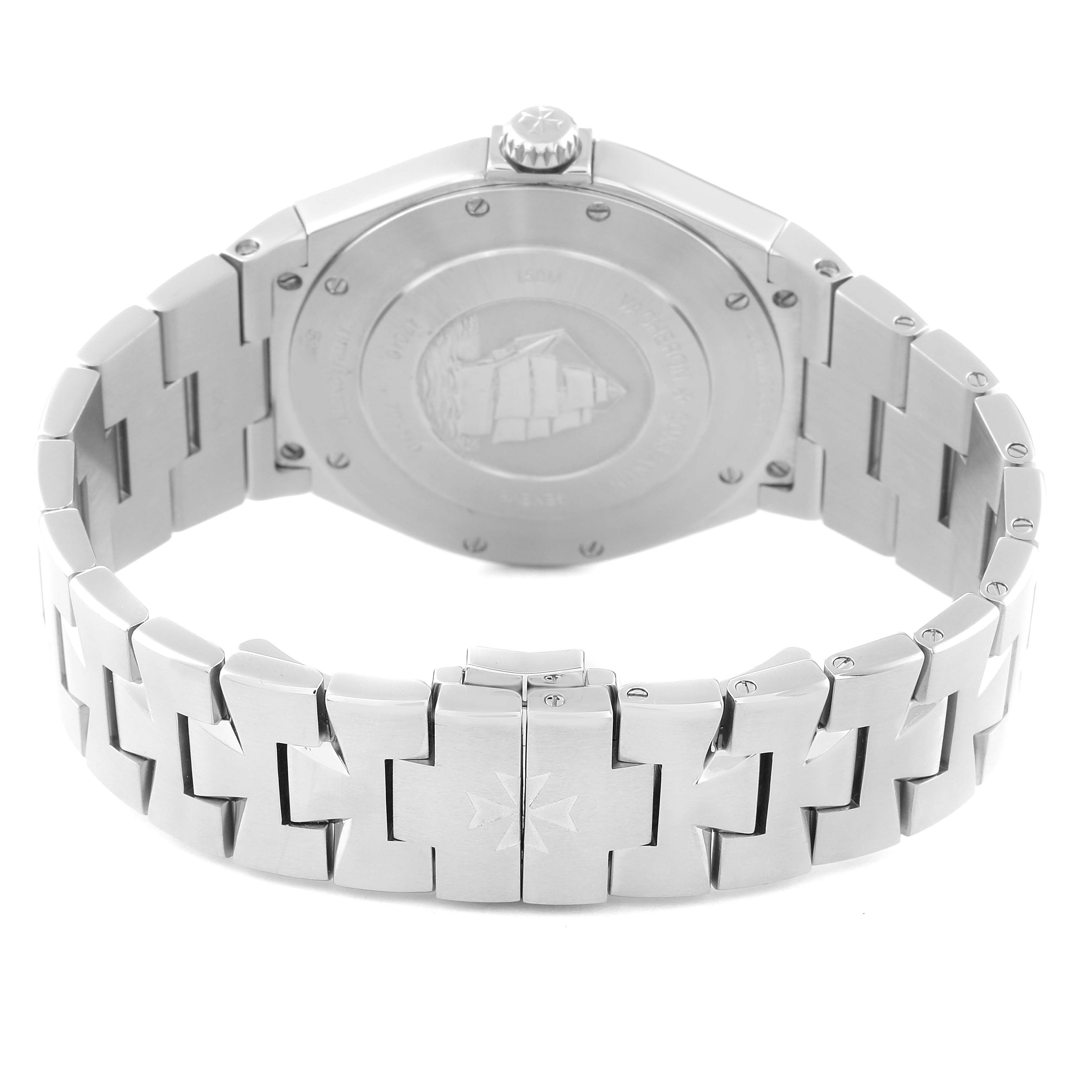 This image shows the back view of the Vacheron Constantin Overseas 47040/B01A-9094 Men's Stainless Steel Black Dial 47040/B01A-9094 Men's Stainless Steel Black Dial watch, focusing on the caseback and bracelet.