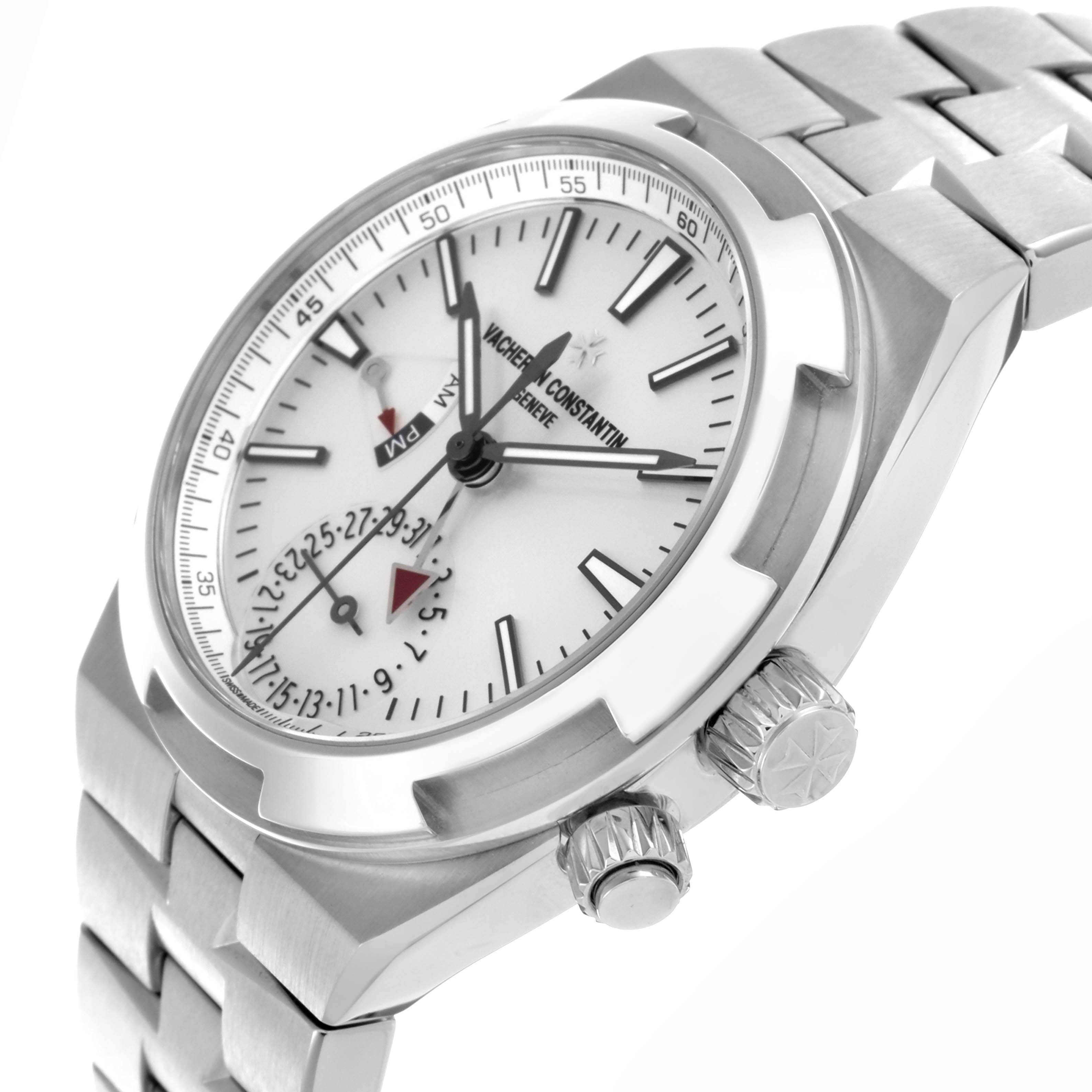 The Vacheron Constantin Overseas 7900V/110A-B333 Men's Stainless Steel Silver Dial 7900V/110A-B333 Men's Stainless Steel Silver Dial watch is shown at a side angle, highlighting the dial, bezel, and crown.