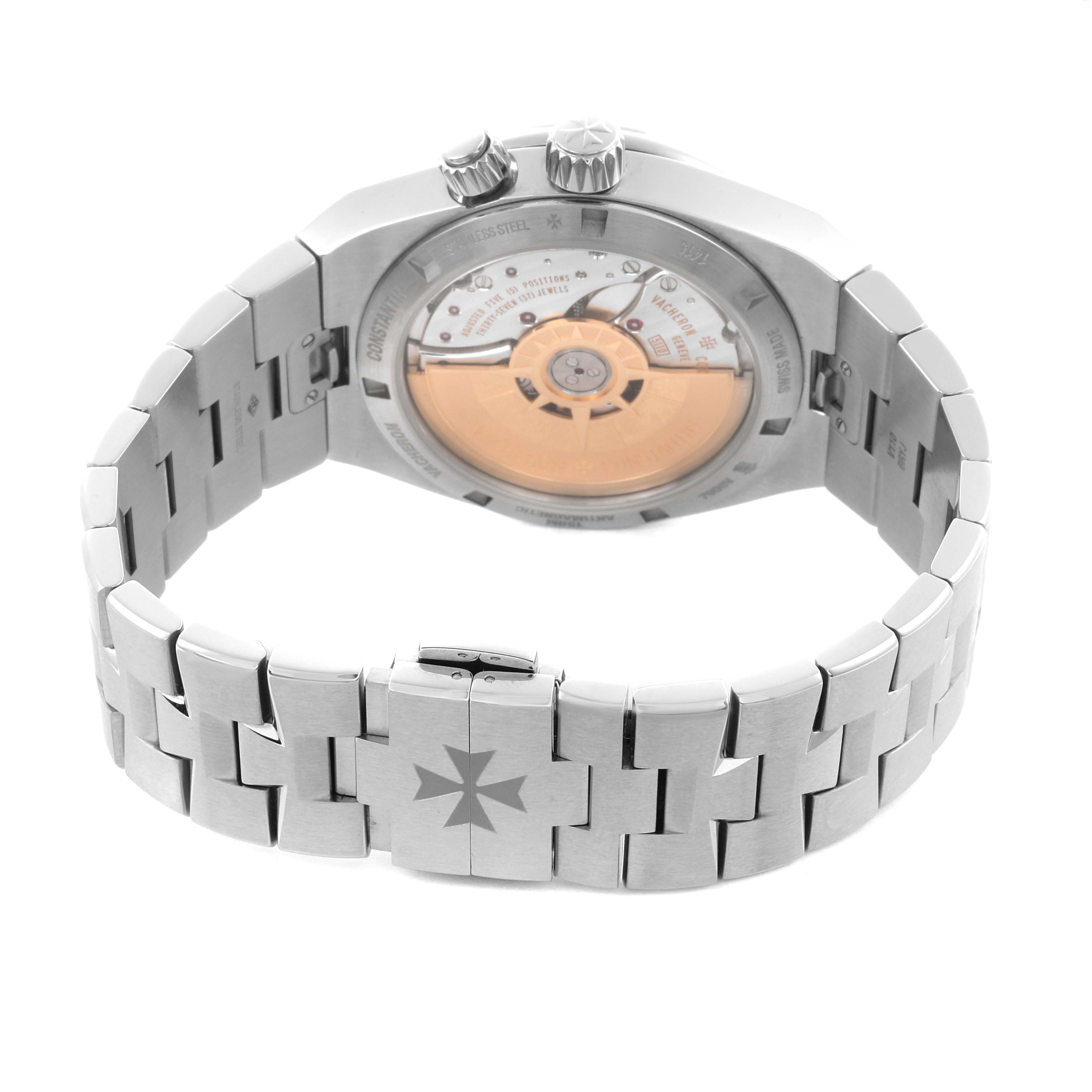The Vacheron Constantin Overseas 7900V/110A-B333 Men's Stainless Steel Silver Dial 7900V/110A-B333 Men's Stainless Steel Silver Dial watch is shown from the back, highlighting the movement, crown, and steel bracelet.