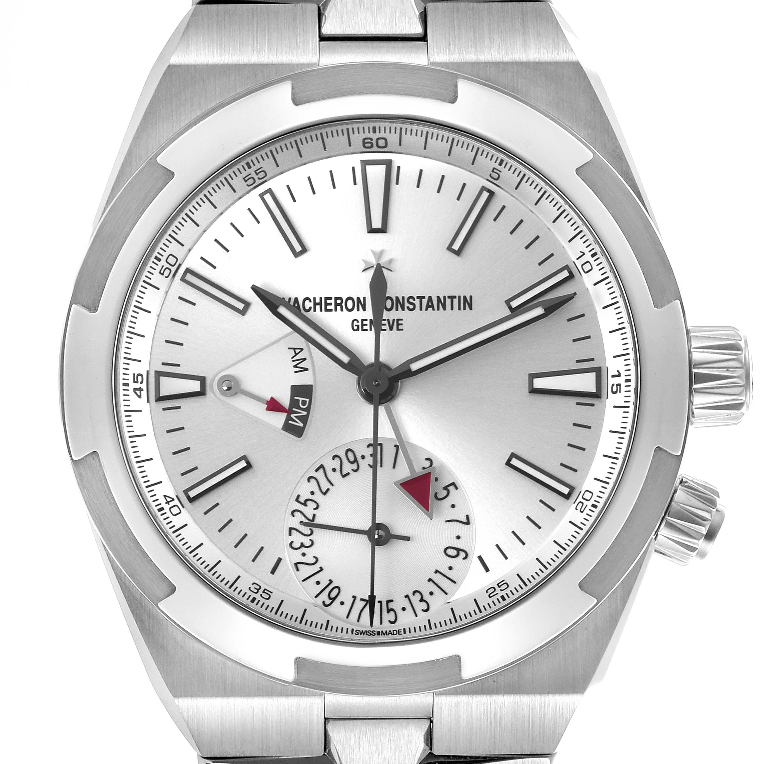 The Vacheron Constantin Overseas 7900V/110A-B333 Men's Stainless Steel Silver Dial 7900V/110A-B333 Men's Stainless Steel Silver Dial watch is shown from a frontal angle, highlighting its dial and crown.