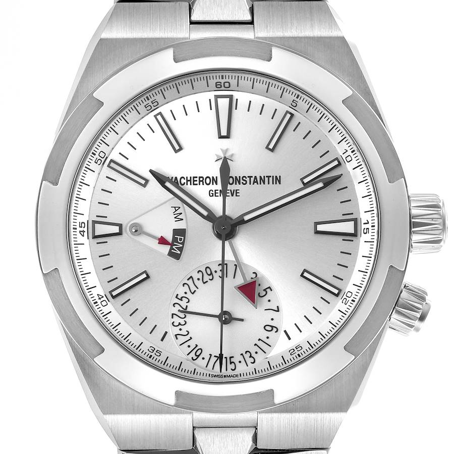 The Vacheron Constantin Overseas watch is shown from a frontal angle, highlighting its dial and crown.