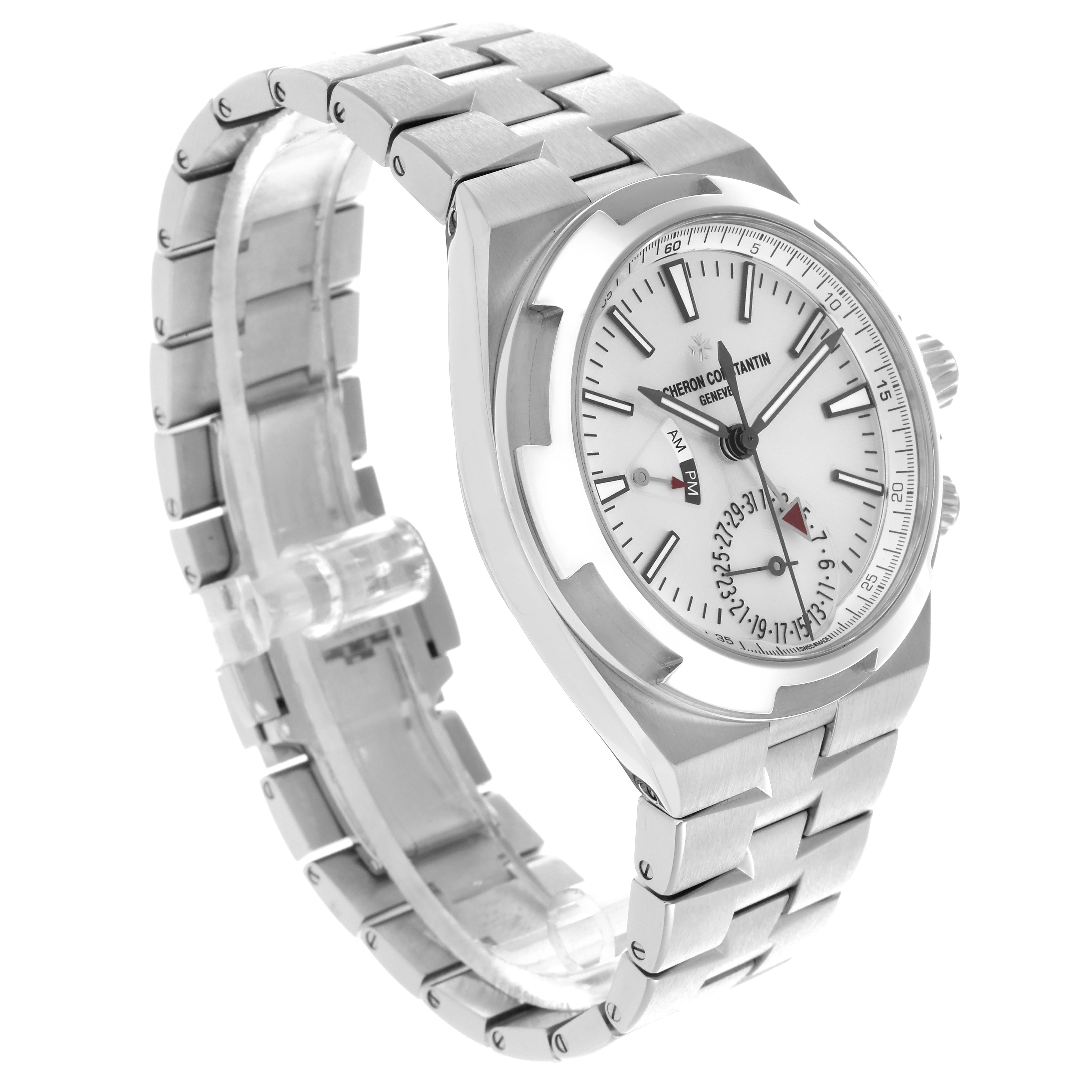 The Vacheron Constantin Overseas 7900V/110A-B333 Men's Stainless Steel Silver Dial 7900V/110A-B333 Men's Stainless Steel Silver Dial watch is shown at a three-quarter angle, displaying the dial, bezel, and part of the bracelet.