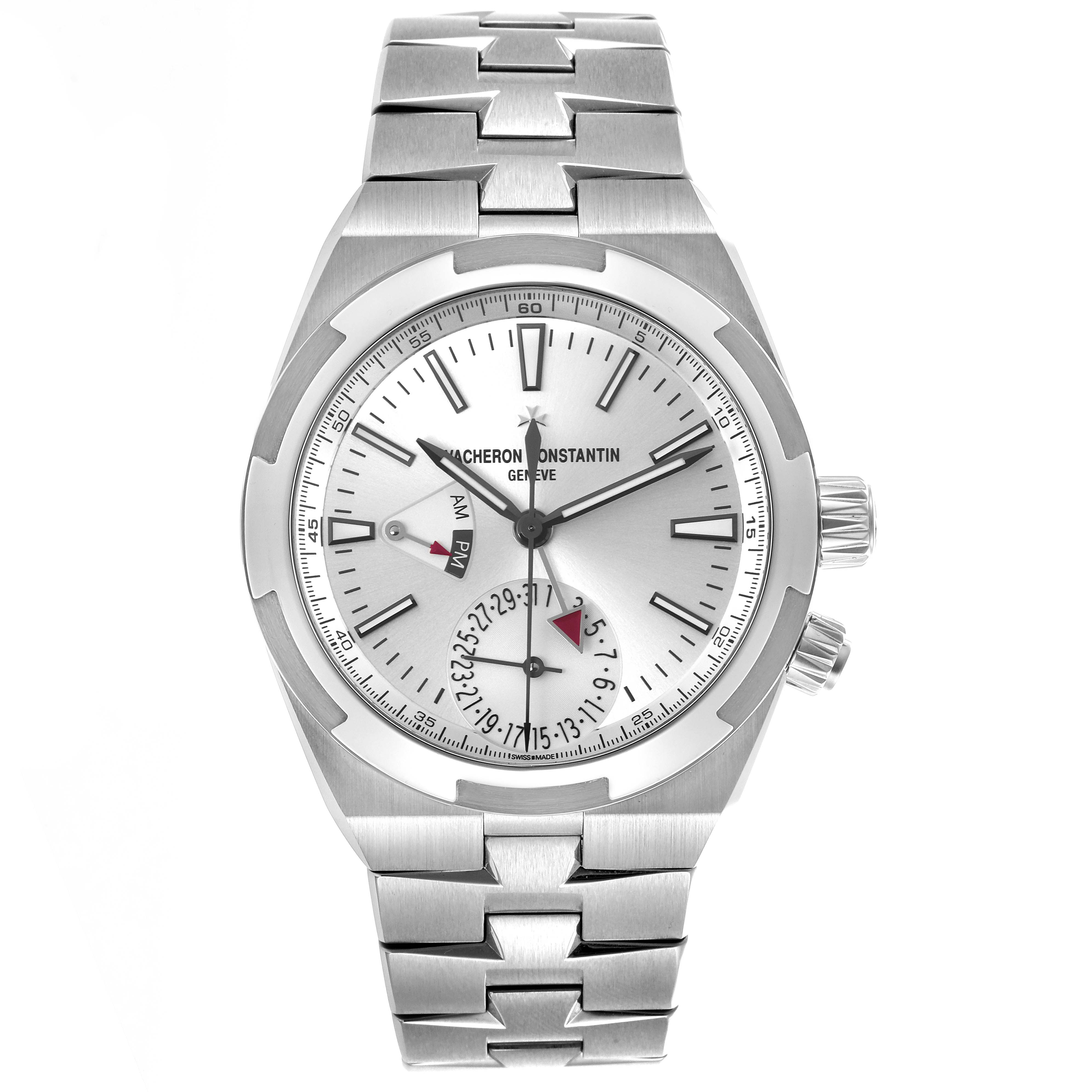 The Vacheron Constantin Overseas 7900V/110A-B333 Men's Stainless Steel Silver Dial 7900V/110A-B333 Men's Stainless Steel Silver Dial watch is shown from a straight-on angle, displaying the face, bezel, and bracelet.