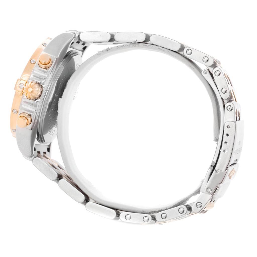 This image shows a side profile of the Breitling C13358 Steel and Gold (two tone) Mother of Pearl Dial C13358 Steel and Gold (two tone) Mother of Pearl Dial Chrono Galactic Stainless Steel Rose Gold Watch C13358, highlighting the band and crown.