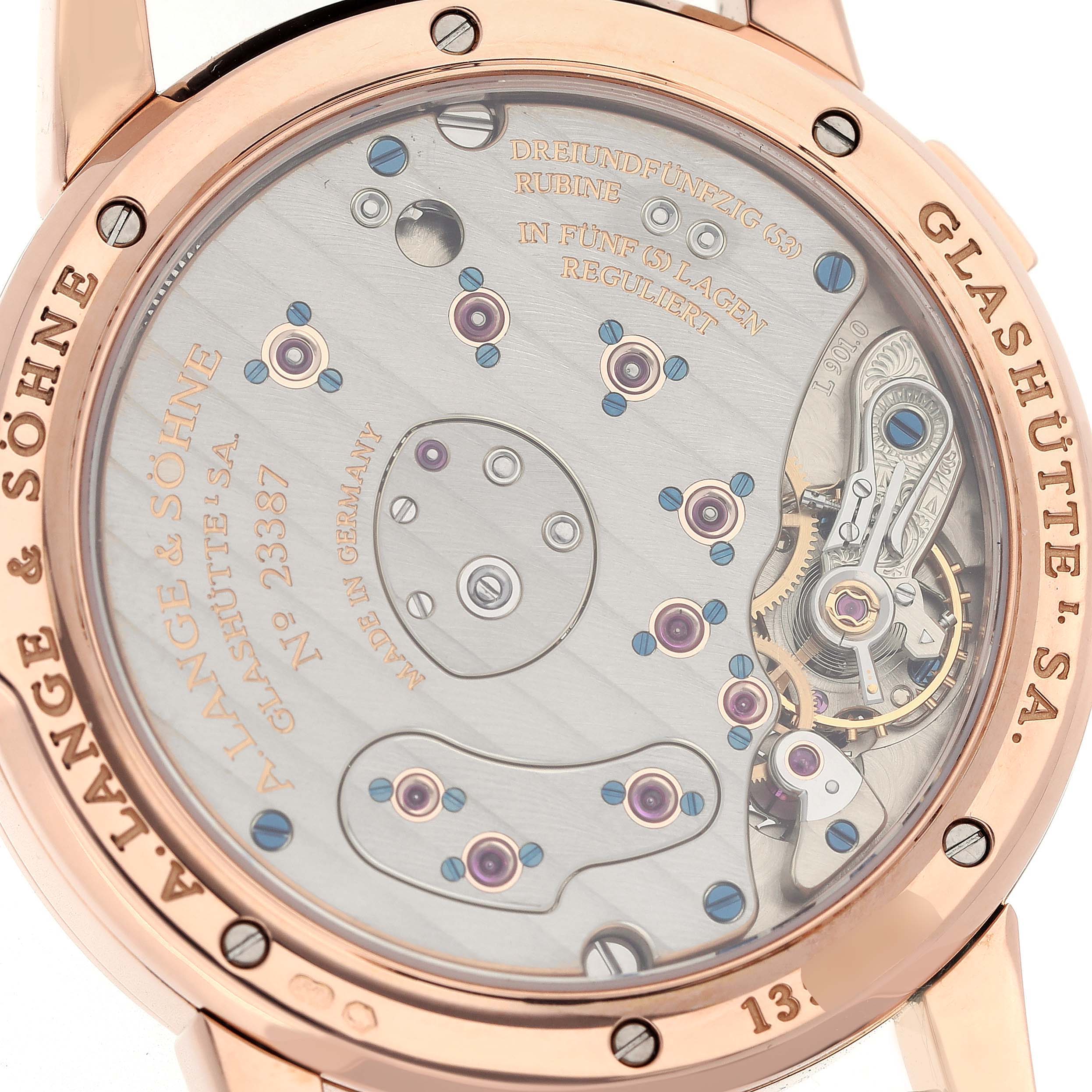 The image shows the open caseback of the A. Lange 
Sohne Lange 1 101.031 Men
s Rose Gold Black Dial, highlighting its intricate movement details.