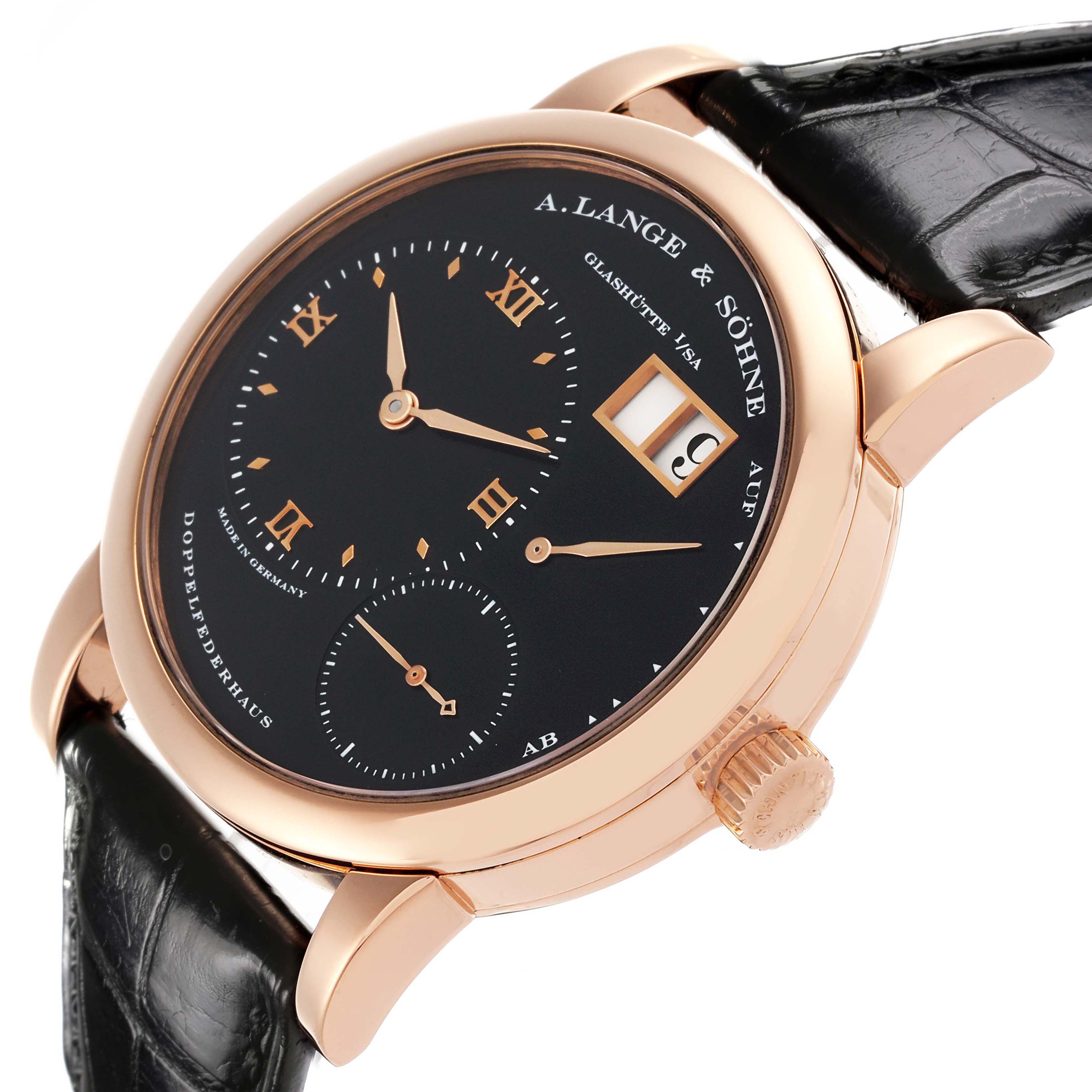 The A. Lange 
Sohne Lange 1 101.031 Men
s Rose Gold Black Dial watch is shown at a side angle, highlighting the black dial, gold case, crown, and leather strap.