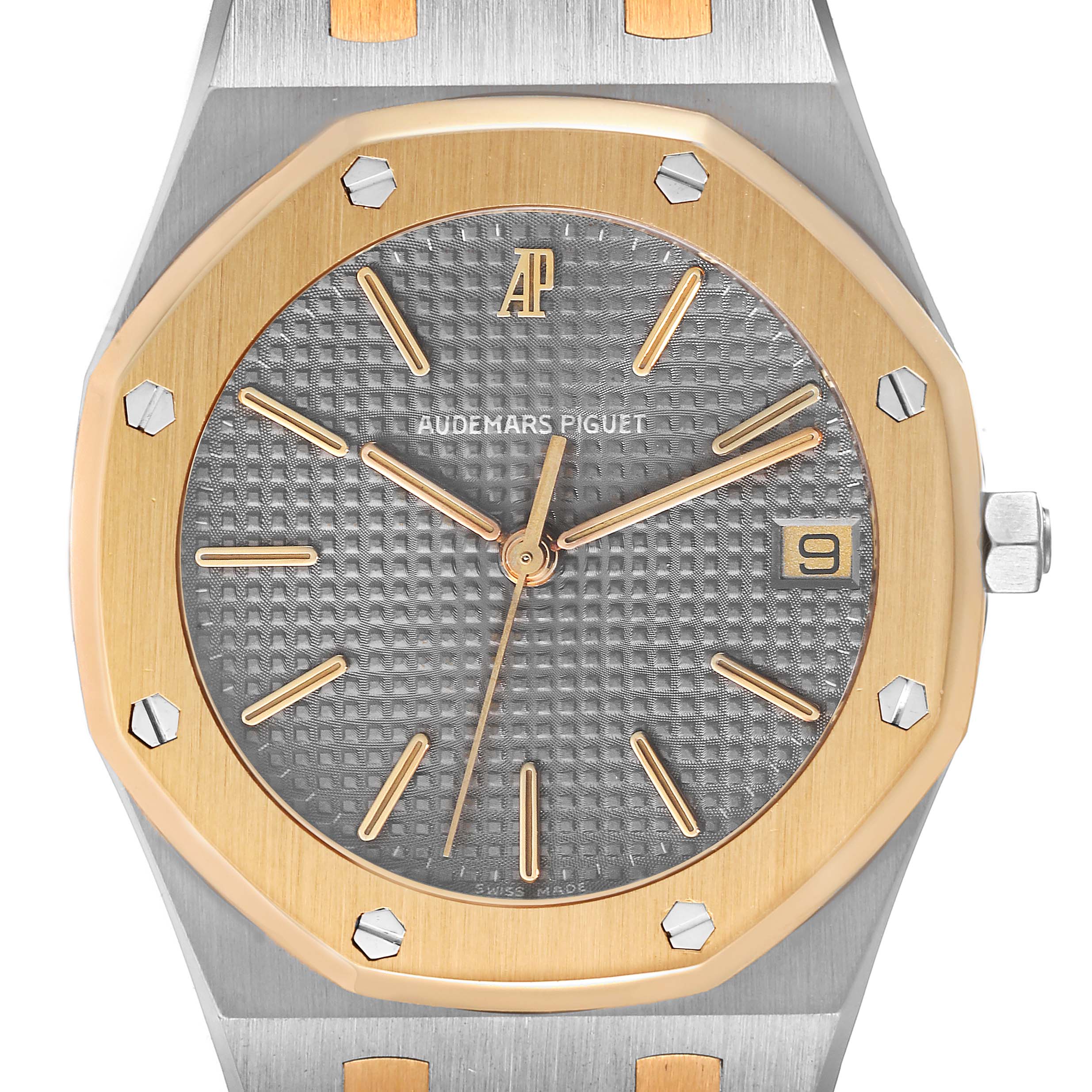 This image shows a front view of the Royal Oak watch by Audemars Piguet, highlighting the face, bezel, and hands.