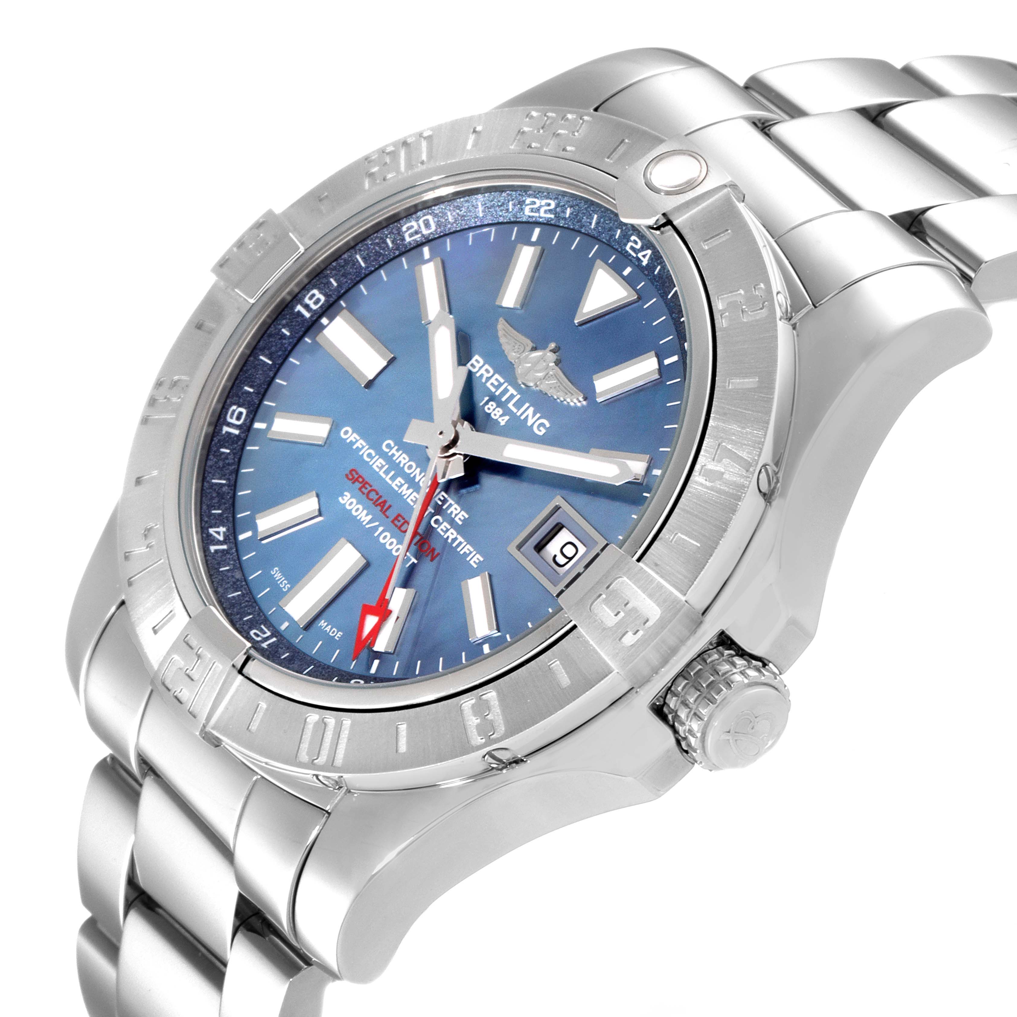 The image shows a close-up, angled view of the Breitling Avenger A3239011-C872-170A Men's Stainless Steel Mother of Pearl Dial A3239011-C872-170A Men's Stainless Steel Mother of Pearl Dial watch, highlighting the dial, bezel, crown, and part of the bracelet.