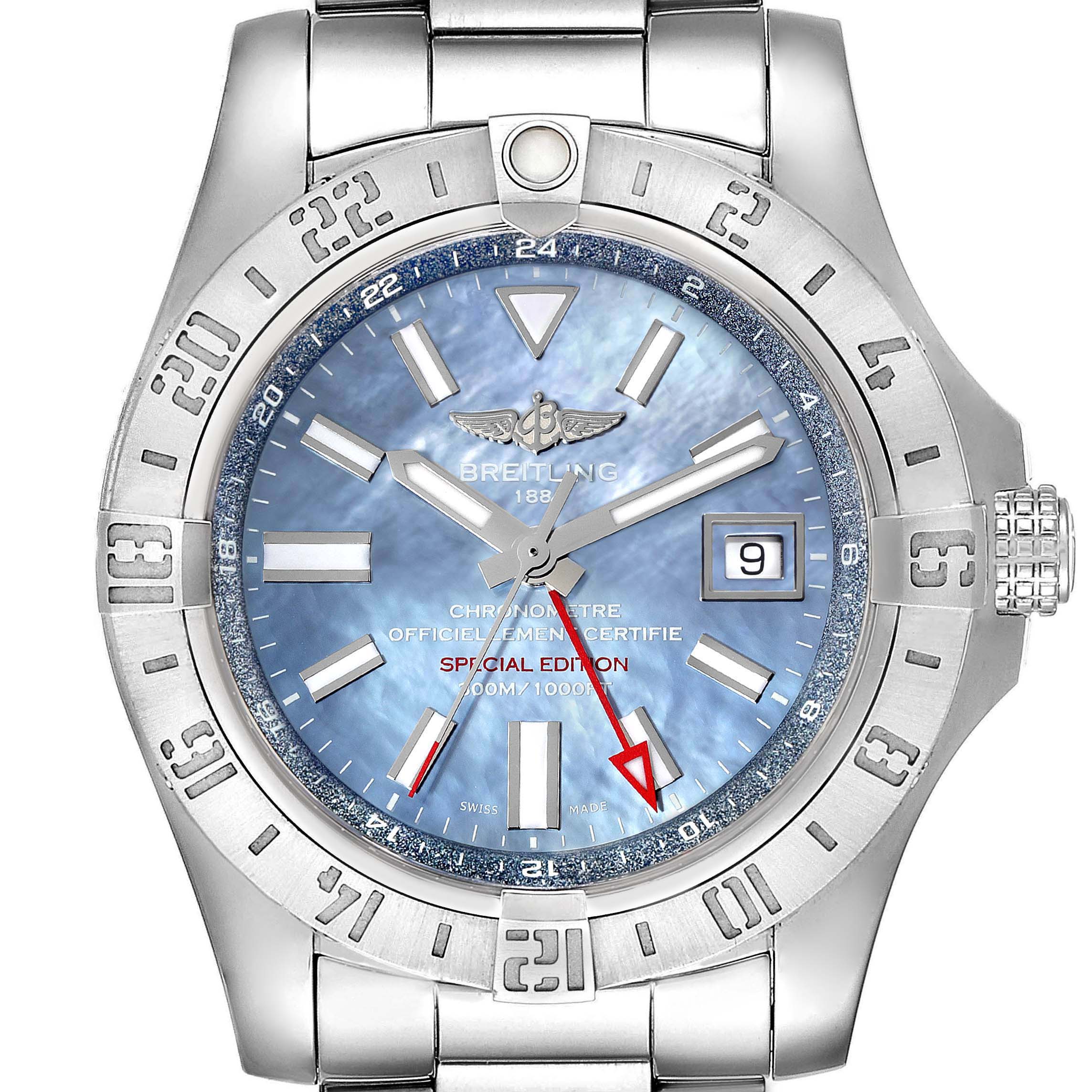 This is a close-up view of the Breitling Avenger A3239011-C872-170A Men's Stainless Steel Mother of Pearl Dial A3239011-C872-170A Men's Stainless Steel Mother of Pearl Dial watch, showcasing its blue dial, date window, and stainless-steel case and bracelet.