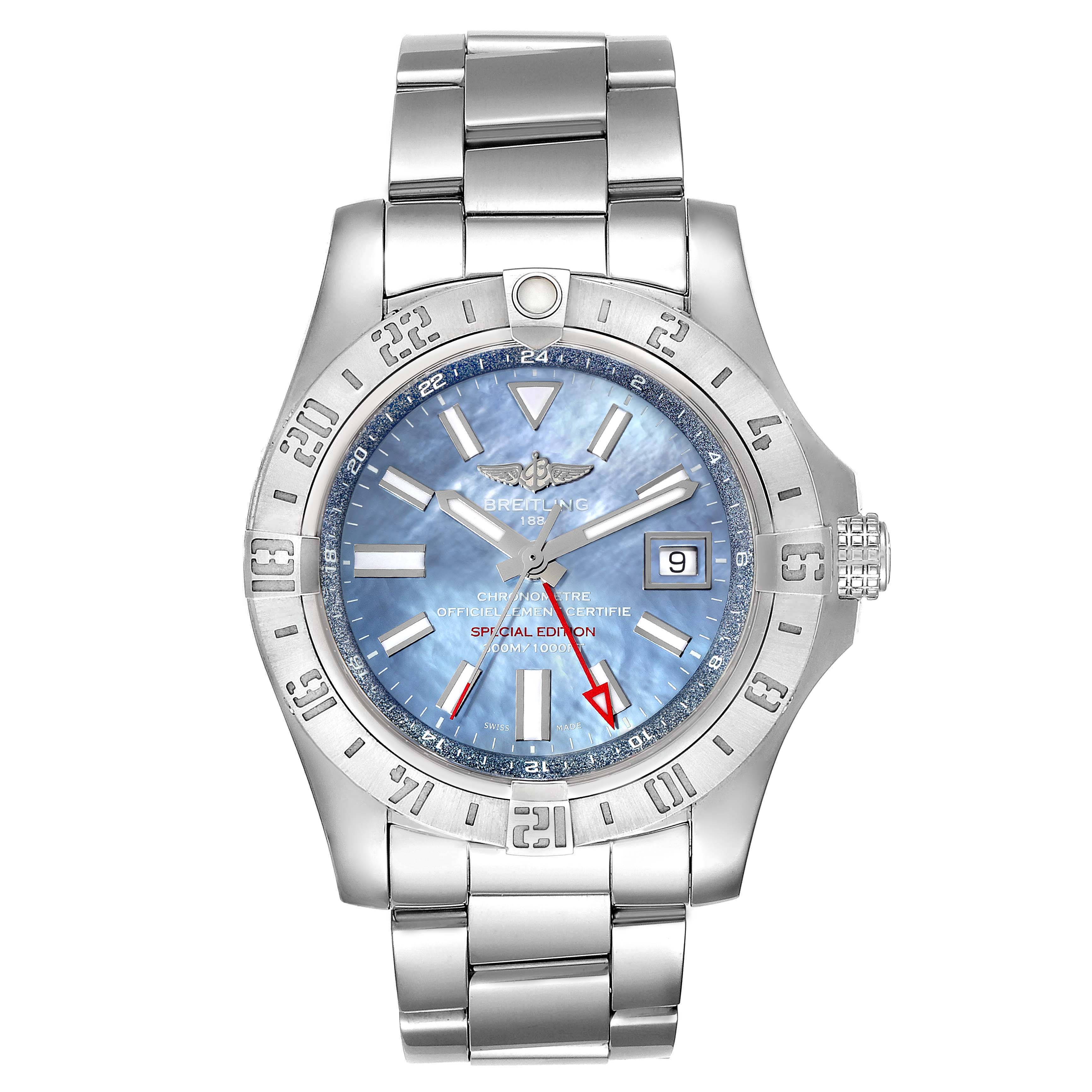 The image shows a frontal view of the Breitling Avenger A3239011-C872-170A Men's Stainless Steel Mother of Pearl Dial A3239011-C872-170A Men's Stainless Steel Mother of Pearl Dial watch, displaying its face, bezel, and metal bracelet.