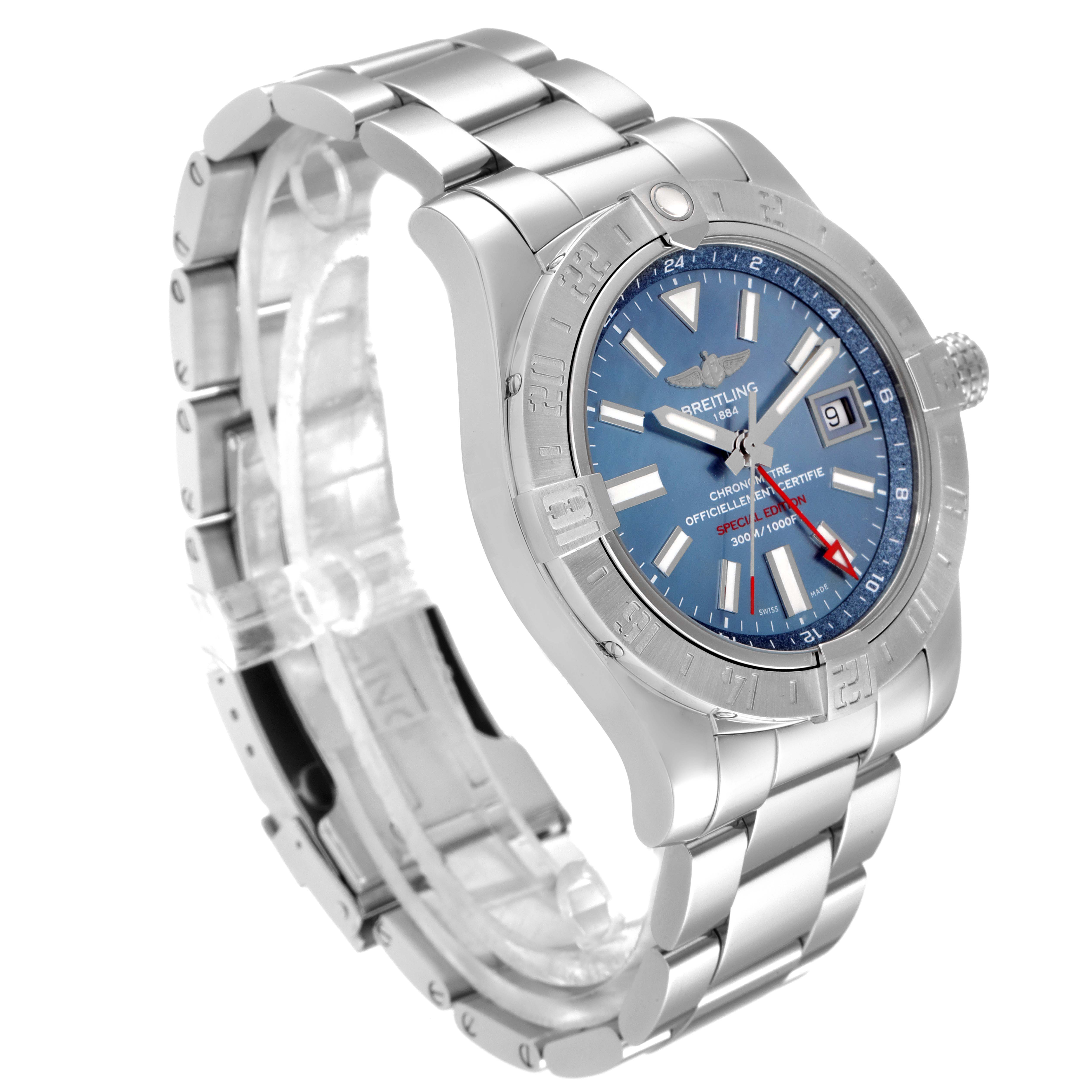 This image shows a side-angle view of a Breitling Avenger A3239011-C872-170A Men's Stainless Steel Mother of Pearl Dial A3239011-C872-170A Men's Stainless Steel Mother of Pearl Dial watch, highlighting its blue dial, silver bezel, and metal bracelet.