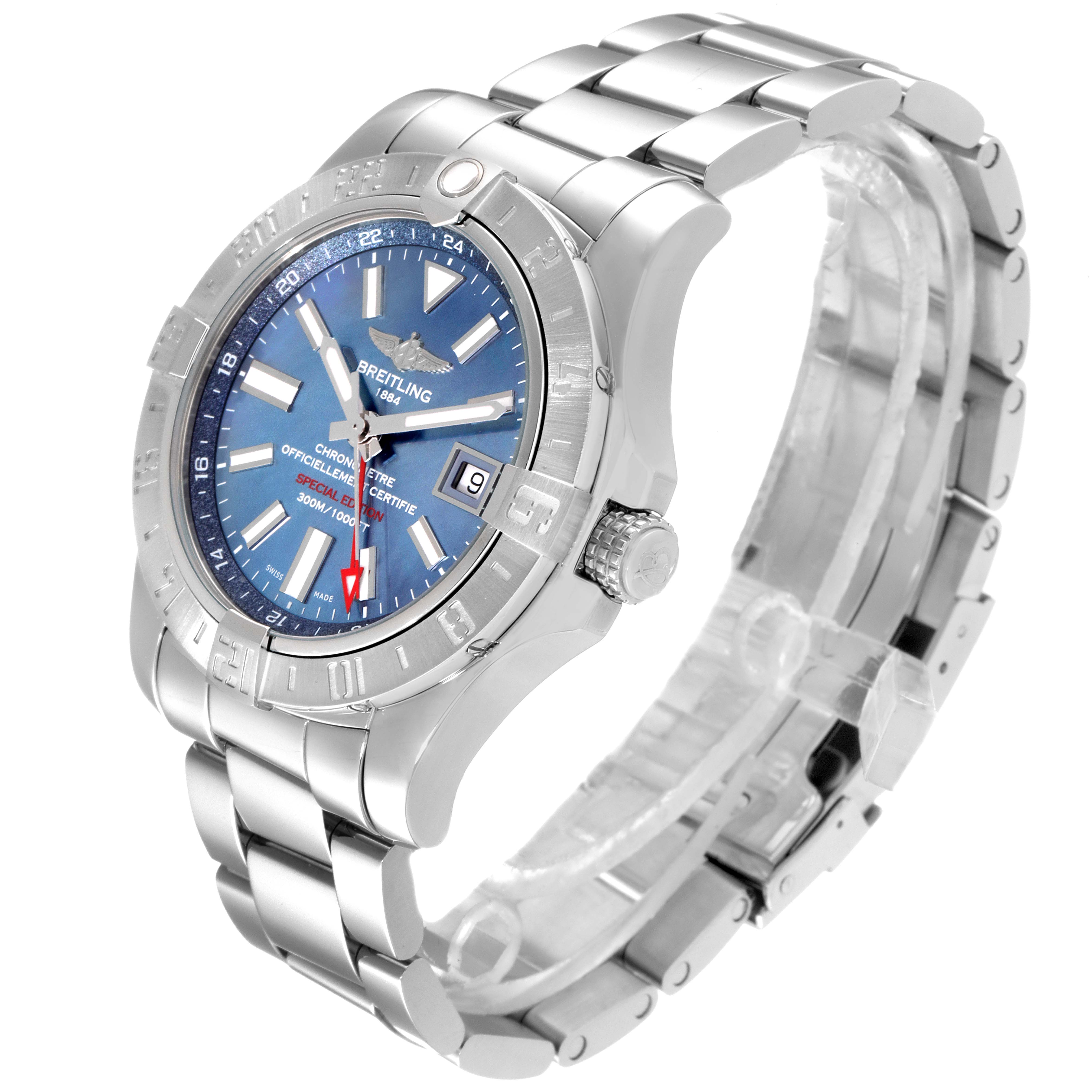 The image shows a Breitling Avenger A3239011-C872-170A Men's Stainless Steel Mother of Pearl Dial A3239011-C872-170A Men's Stainless Steel Mother of Pearl Dial watch at a three-quarter angle, highlighting its face, bezel, crown, and metal bracelet.