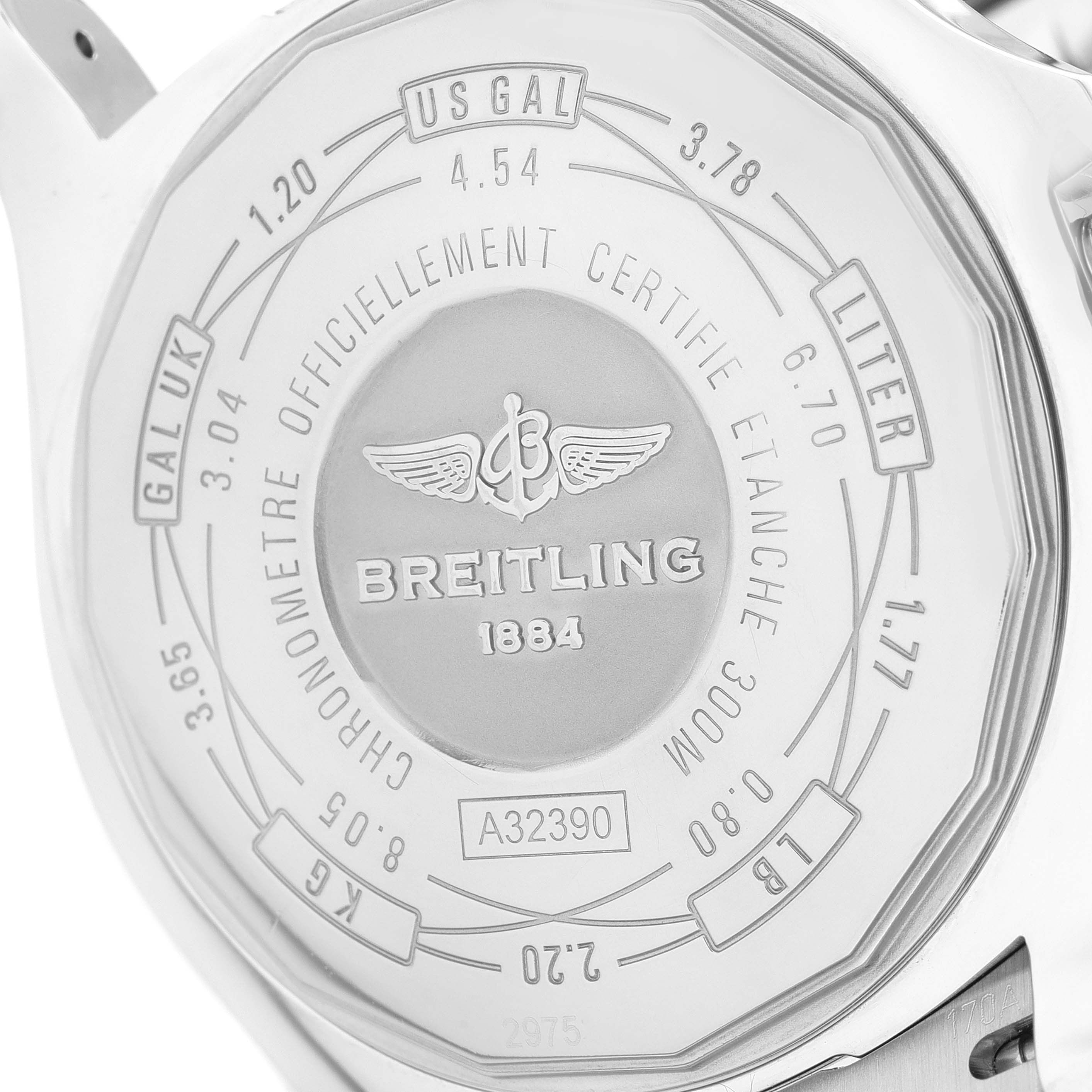 The image shows the back case of the Breitling Avenger A3239011-C872-170A Men's Stainless Steel Mother of Pearl Dial A3239011-C872-170A Men's Stainless Steel Mother of Pearl Dial watch, including the brand logo and specifications.