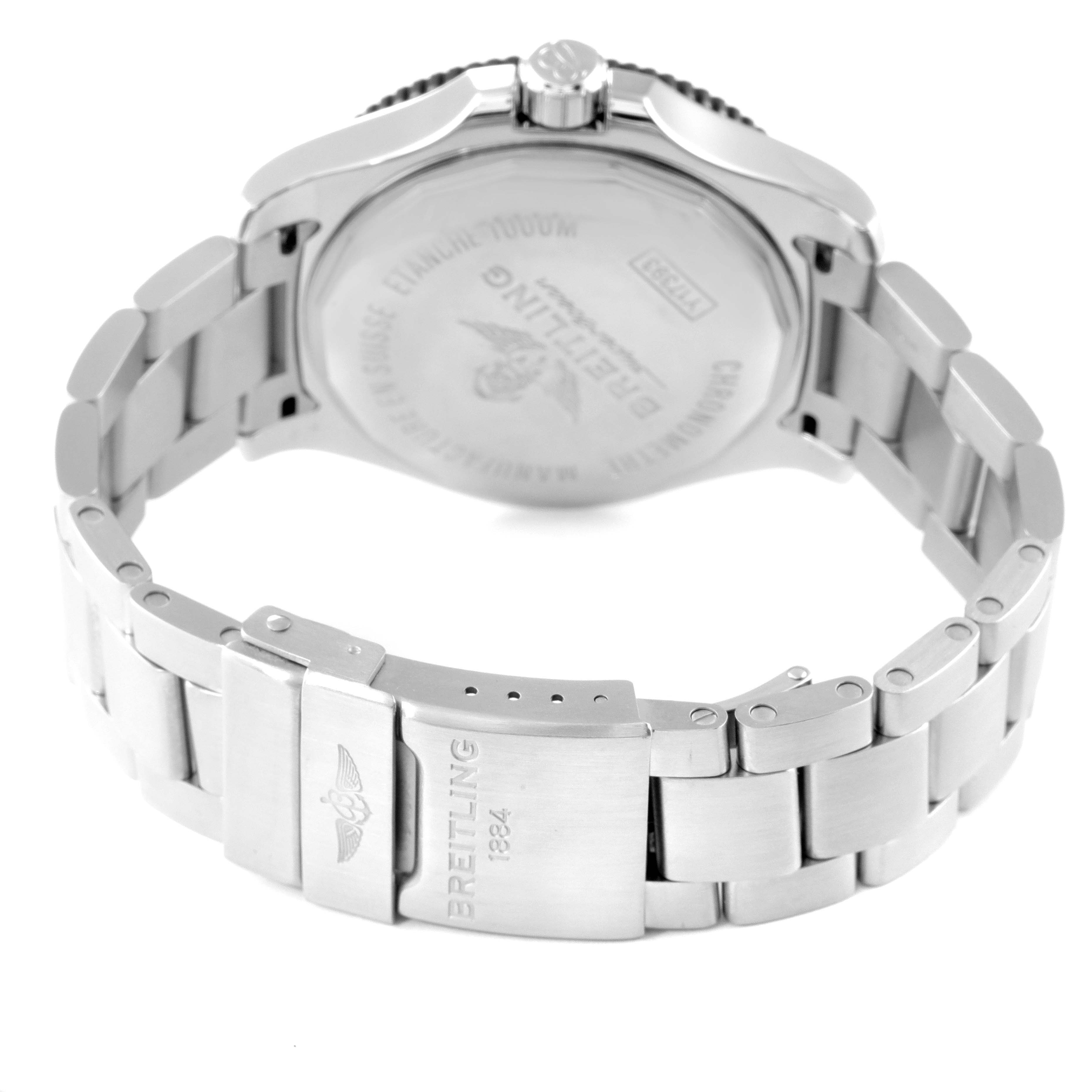 This image shows the back case and metal bracelet of the Breitling Superocean Y17393 Men's Stainless Steel Black Dial Y17393 Men's Stainless Steel Black Dial watch, viewed from the rear.