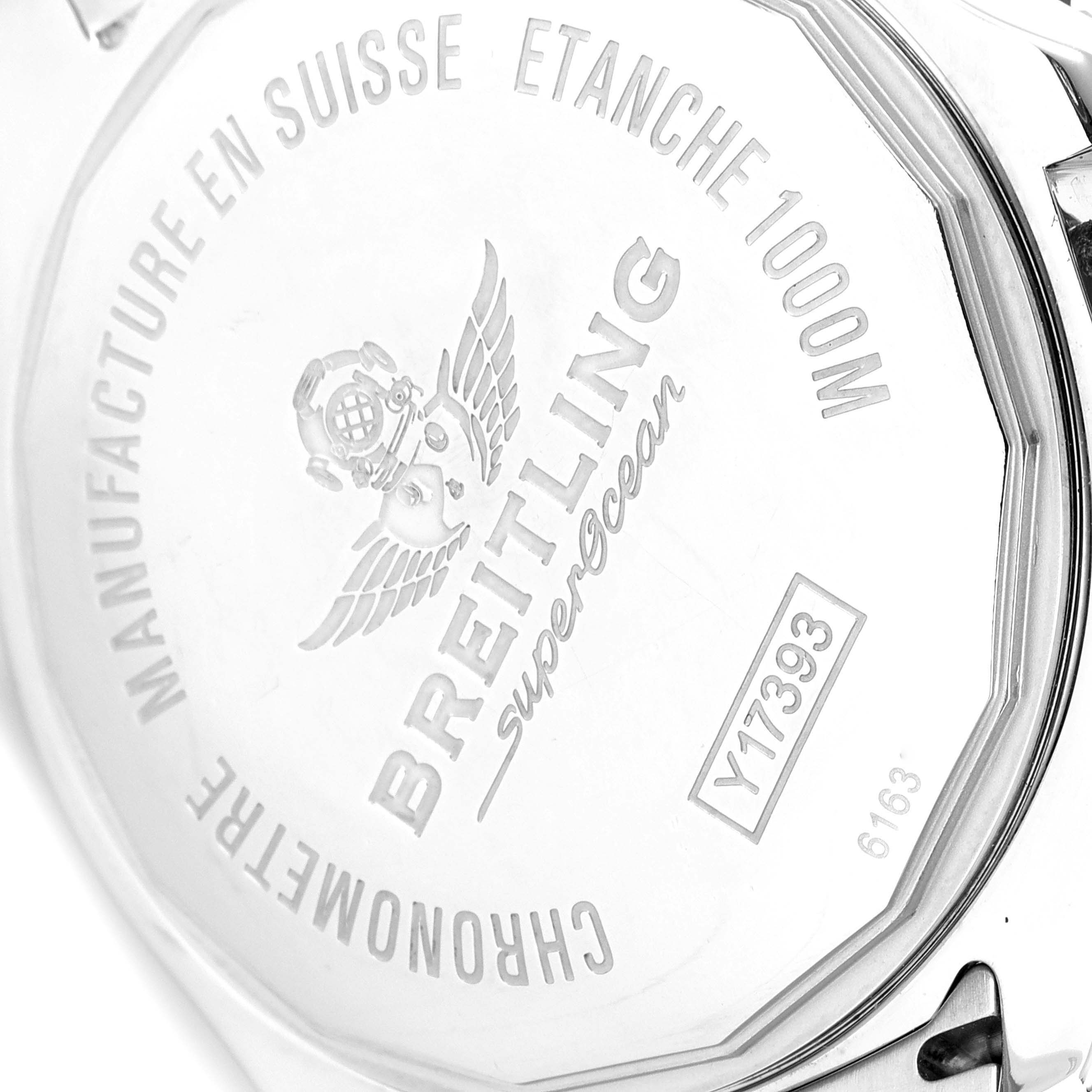 This image shows the back case of a Breitling Superocean Y17393 Men's Stainless Steel Black Dial Y17393 Men's Stainless Steel Black Dial watch, detailing its specifications and branding.