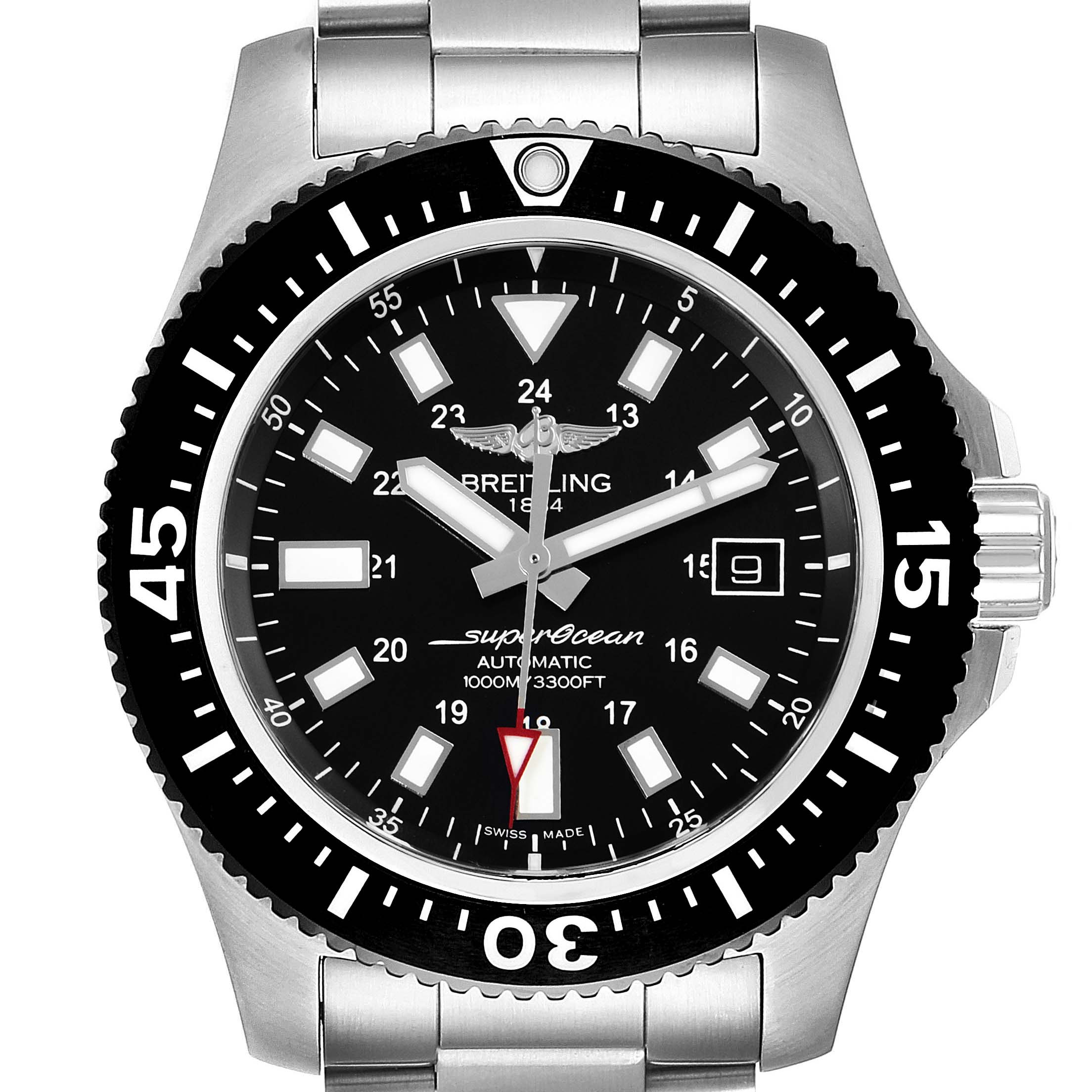 The image shows a front view of a Breitling Superocean Y17393 Men's Stainless Steel Black Dial Y17393 Men's Stainless Steel Black Dial watch, highlighting its black dial, bezel, and stainless steel bracelet.