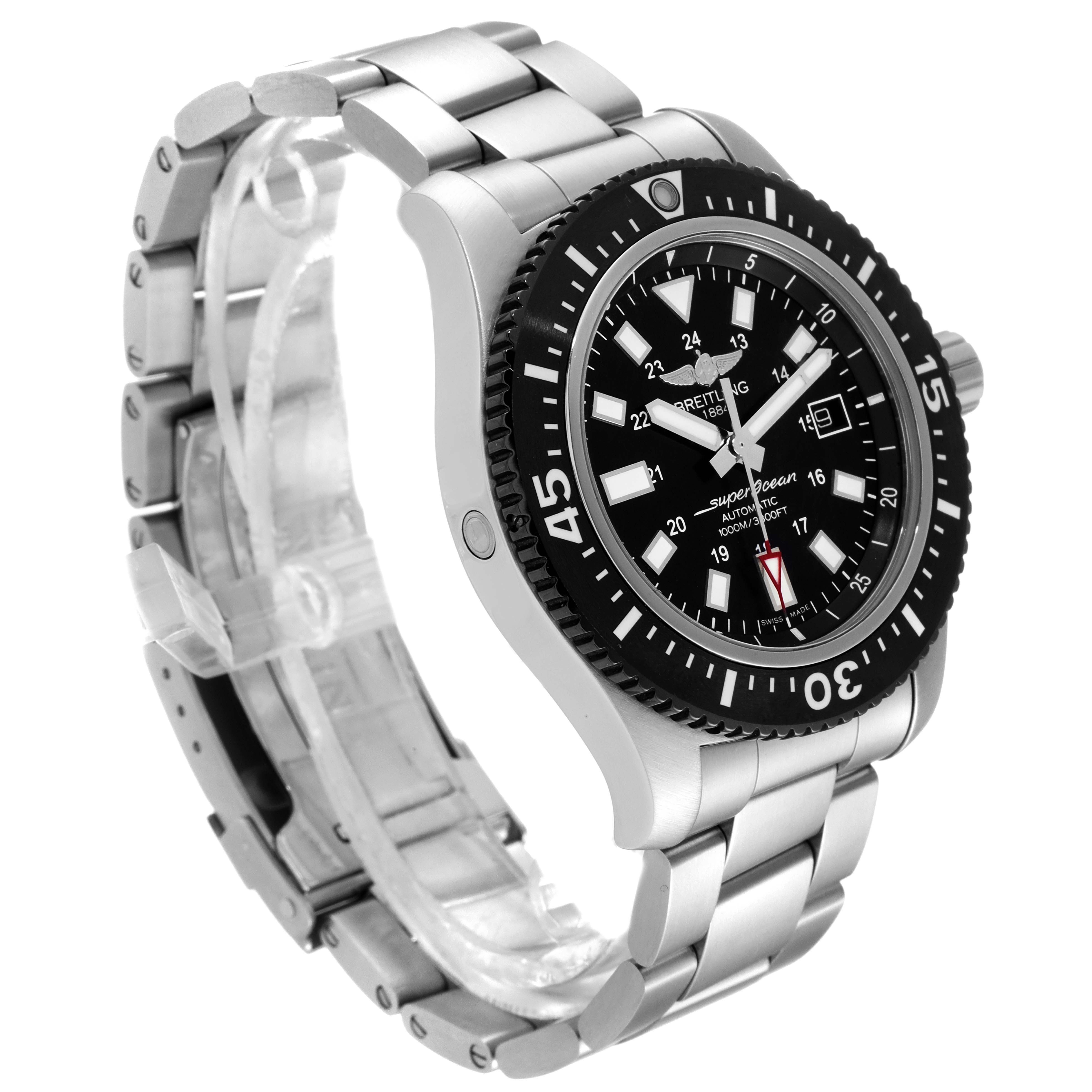 The image shows a Breitling Superocean Y17393 Men's Stainless Steel Black Dial Y17393 Men's Stainless Steel Black Dial watch from a front-side angle, highlighting the face, bezel, and metal strap.