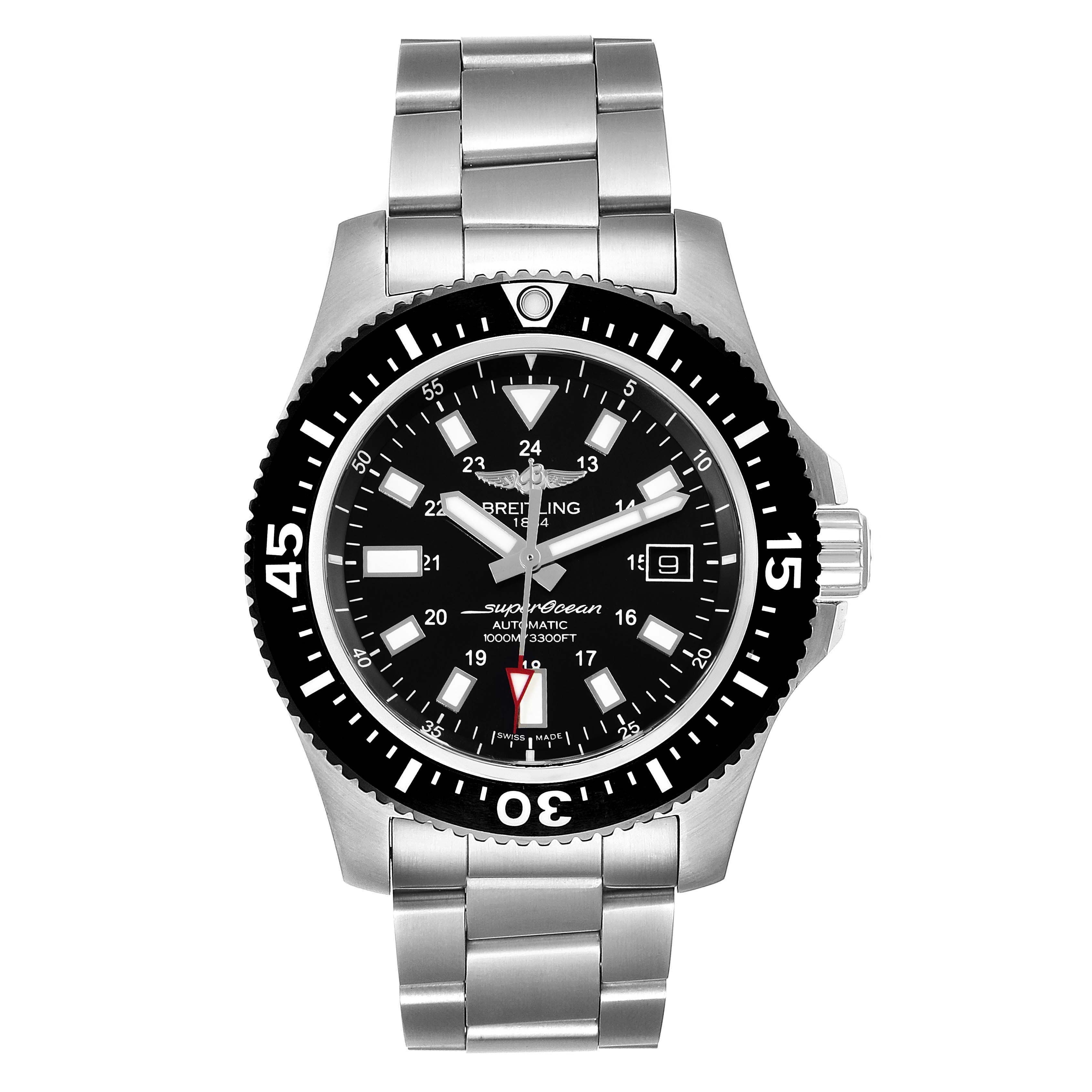 The image shows a front view of the Breitling Superocean Y17393 Men's Stainless Steel Black Dial Y17393 Men's Stainless Steel Black Dial watch, displaying the face, bezel, and metal bracelet.