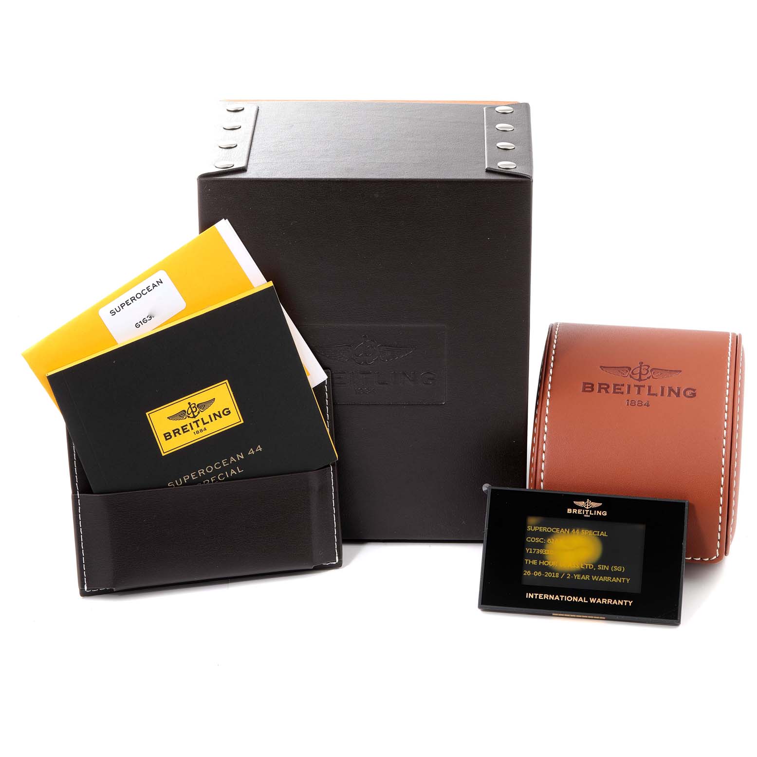 The image shows the packaging, user manuals, warranty card, and a case for the Breitling Superocean Y17393 Men's Stainless Steel Black Dial Y17393 Men's Stainless Steel Black Dial watch model.