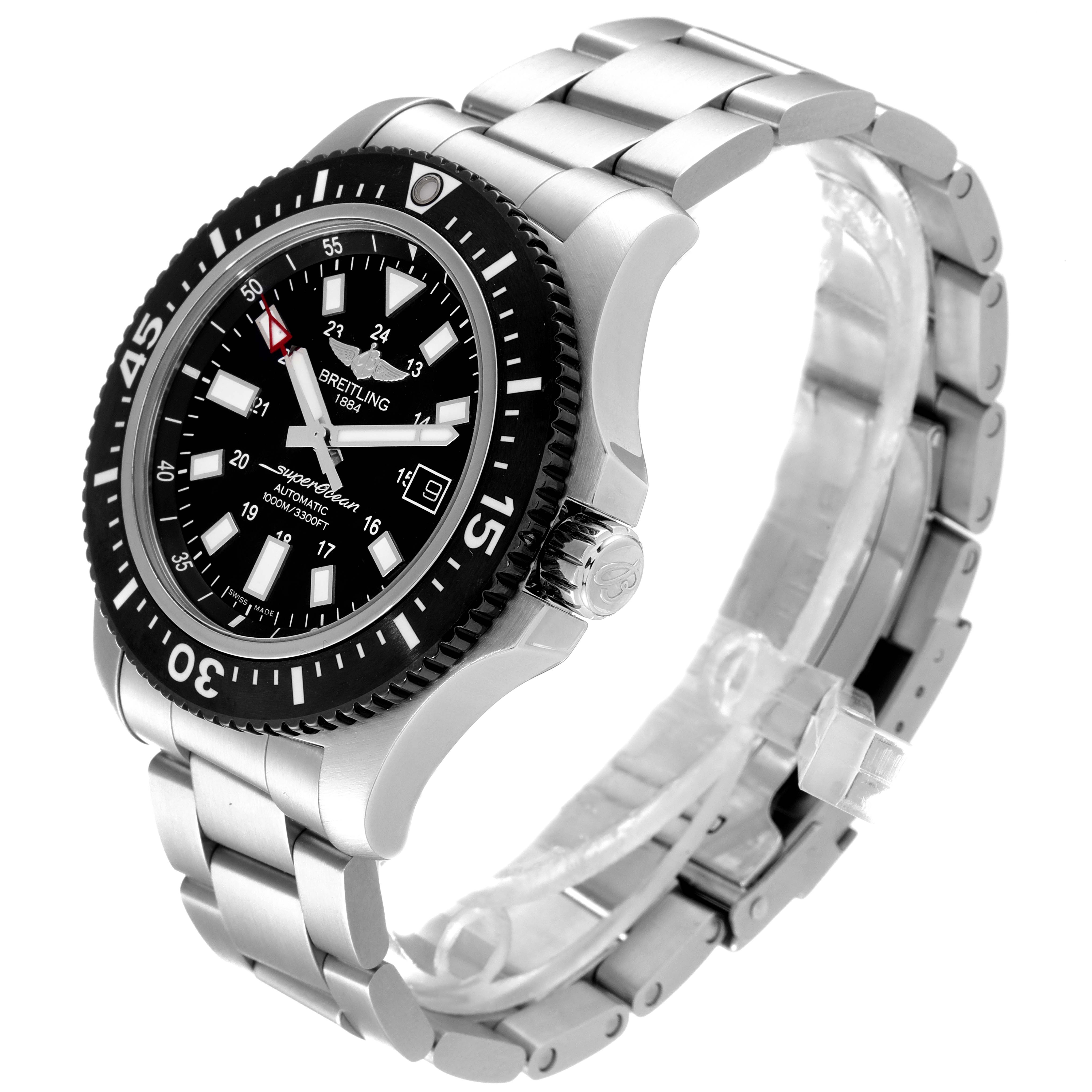 The Breitling Superocean Y17393 Men's Stainless Steel Black Dial Y17393 Men's Stainless Steel Black Dial watch is shown at a three-quarter angle, displaying the dial, bezel, and stainless steel bracelet.