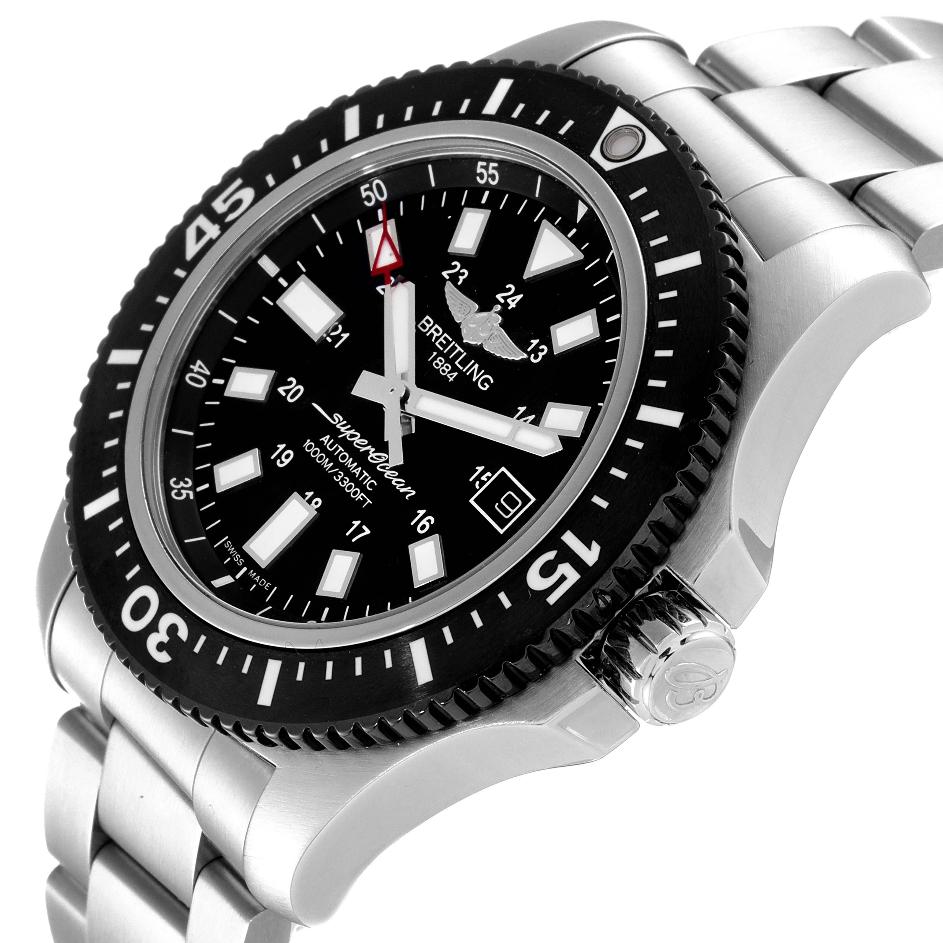 The Breitling Superocean Y17393 Men's Stainless Steel Black Dial Y17393 Men's Stainless Steel Black Dial watch is shown at a slight angle, highlighting the bezel, dial, crown, and part of the bracelet.