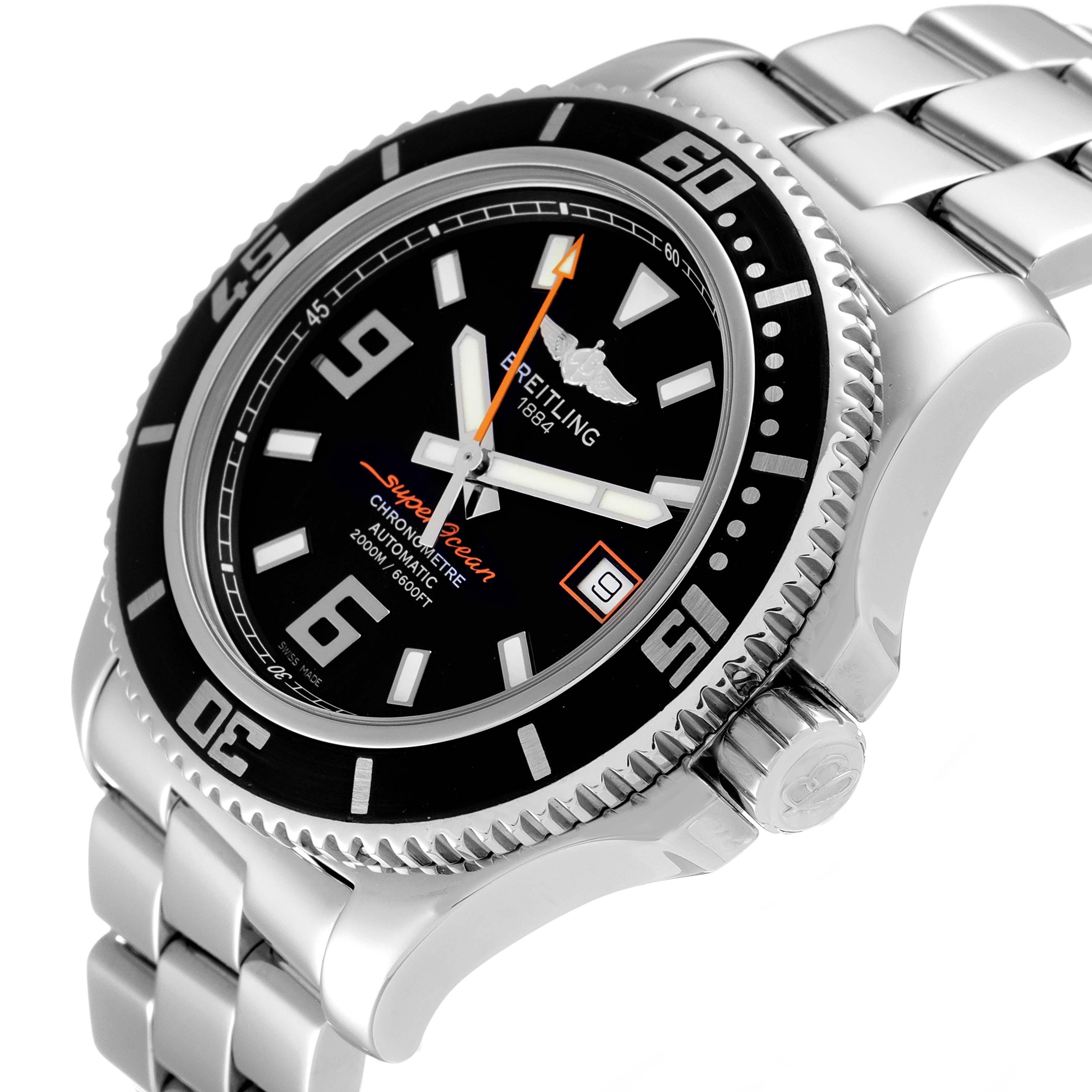 The Breitling Superocean A17391 Men's Stainless Steel Black Dial A17391 Men's Stainless Steel Black Dial watch is shown at an angled front view, highlighting its face, bezel, crown, and part of the bracelet.