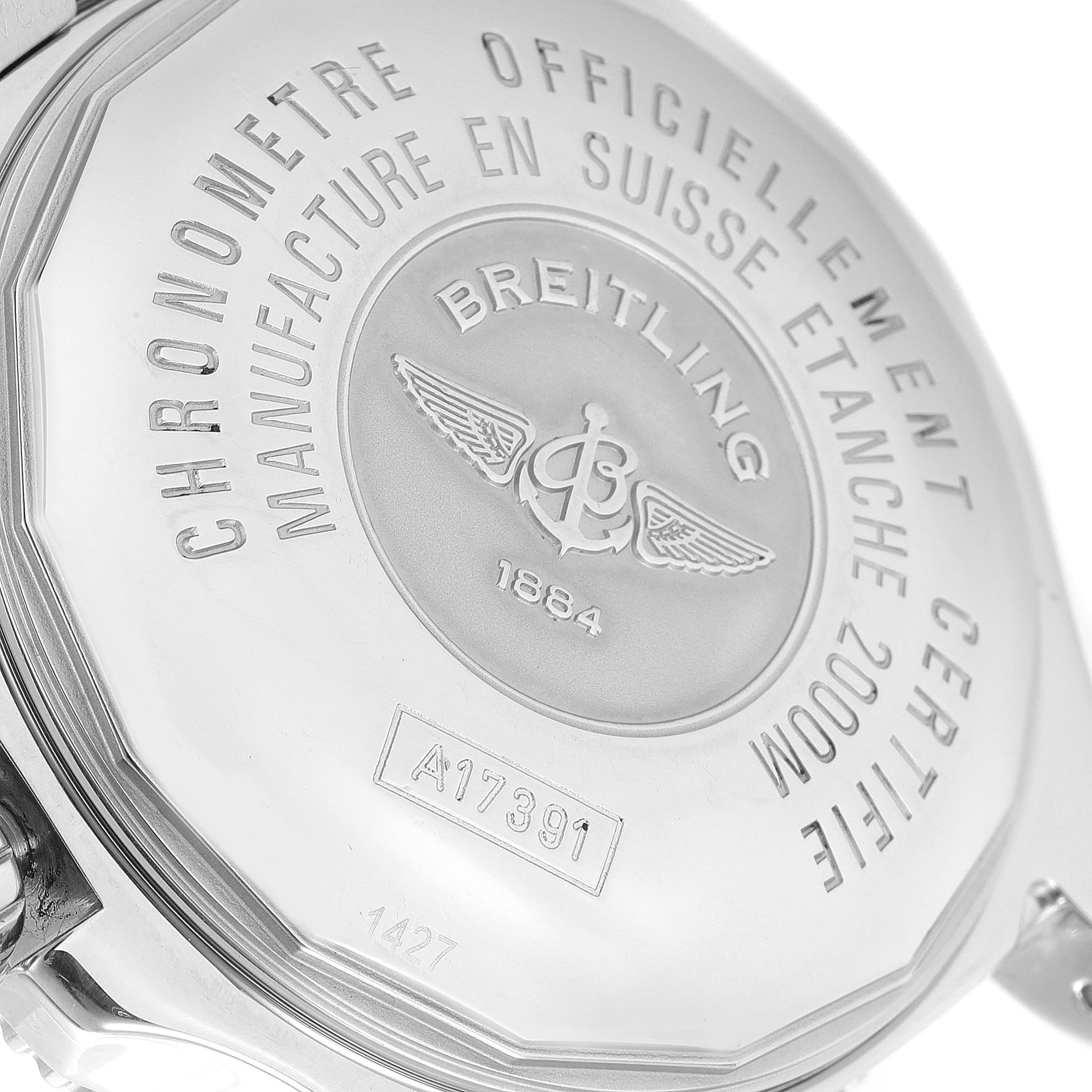 This image shows the back case of a Breitling Superocean A17391 Men's Stainless Steel Black Dial A17391 Men's Stainless Steel Black Dial watch, highlighting its inscriptions and logo.