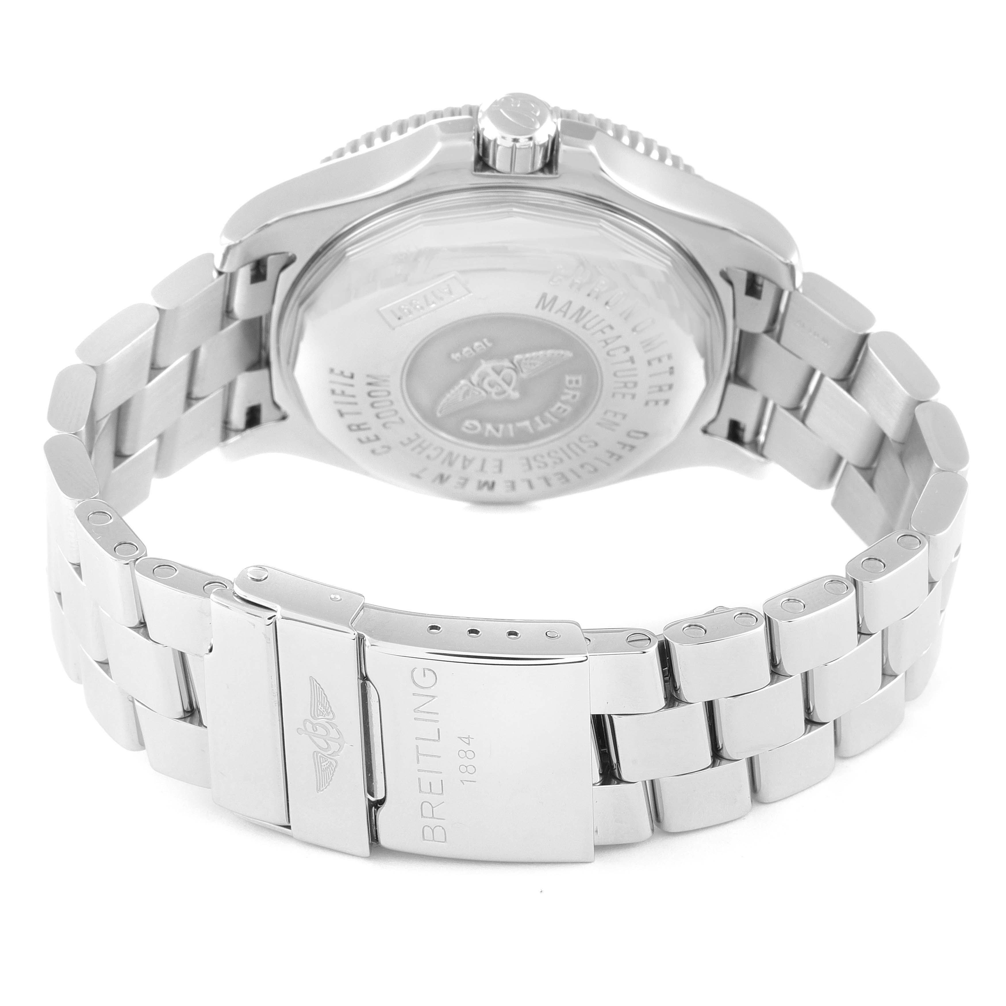 This image shows the back case and stainless steel bracelet of the Breitling Superocean A17391 Men's Stainless Steel Black Dial A17391 Men's Stainless Steel Black Dial watch, focusing on the clasp and the case back.