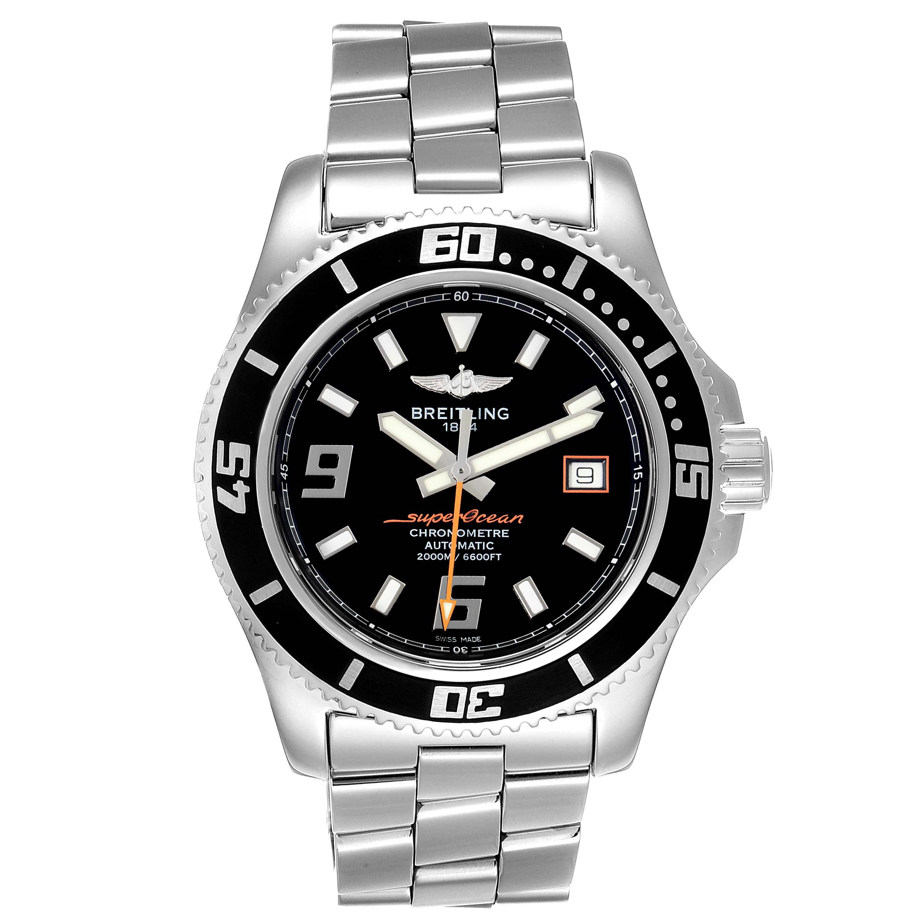 The Breitling Superocean A17391 Men's Stainless Steel Black Dial A17391 Men's Stainless Steel Black Dial watch is shown from a front angle, highlighting its face, bezel, and stainless steel bracelet.