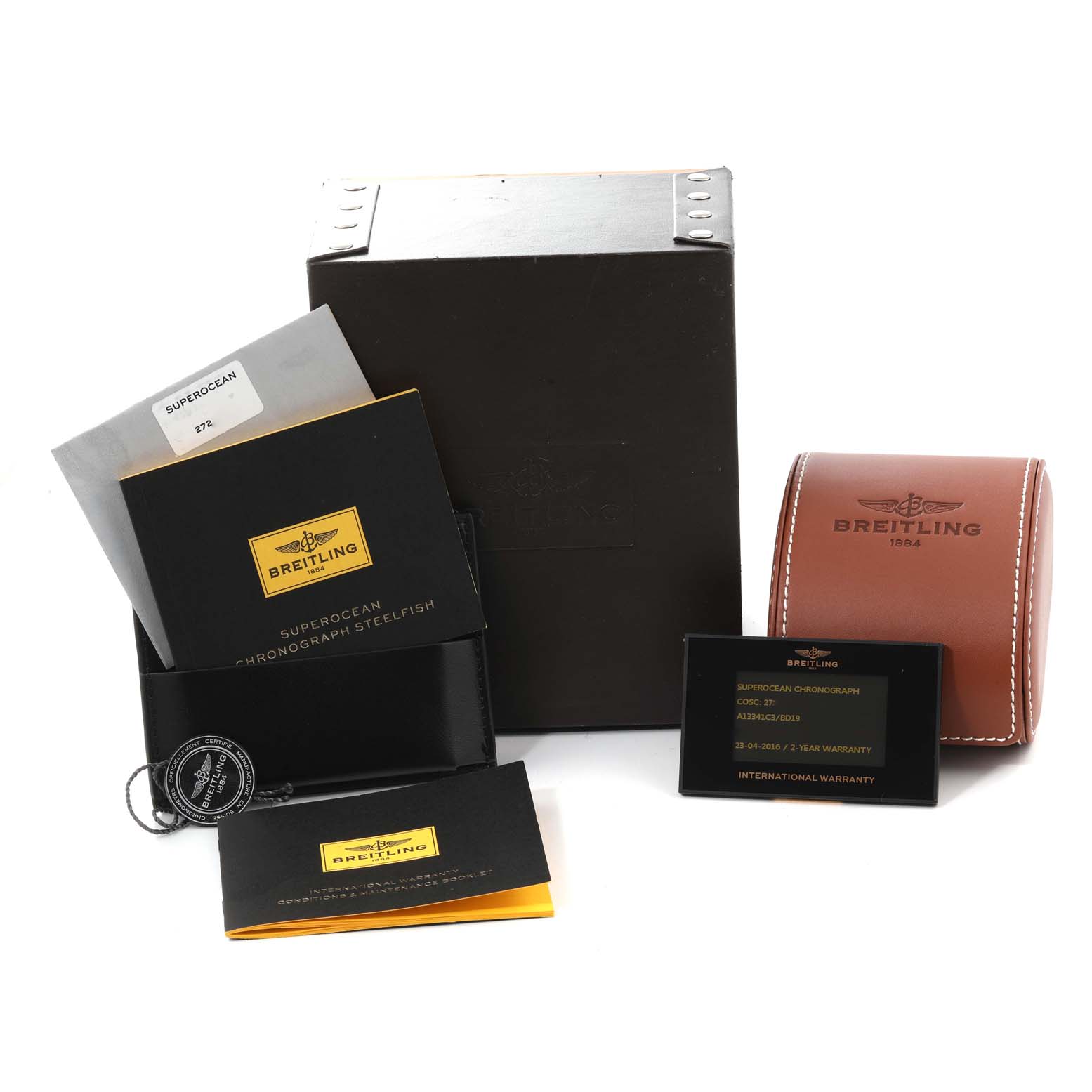 The image shows the packaging, manuals, warranty card, and travel case for a Breitling Superocean A13341C3/BD19 Men's Stainless Steel Black Dial A13341C3/BD19 Men's Stainless Steel Black Dial watch.