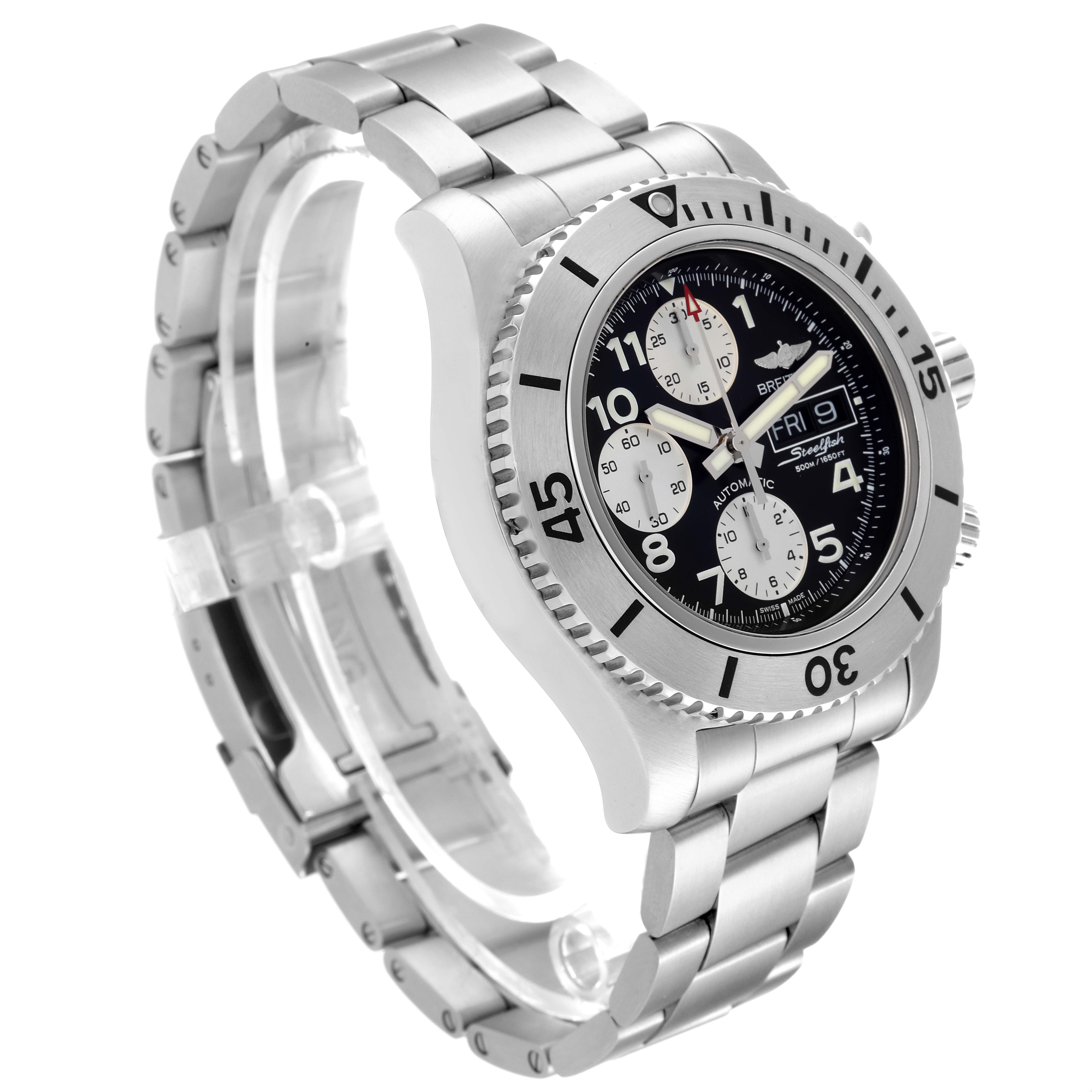 The Breitling Superocean A13341C3/BD19 Men's Stainless Steel Black Dial A13341C3/BD19 Men's Stainless Steel Black Dial watch is shown at a slight angle, displaying its face, bezel, crown, and stainless steel bracelet.