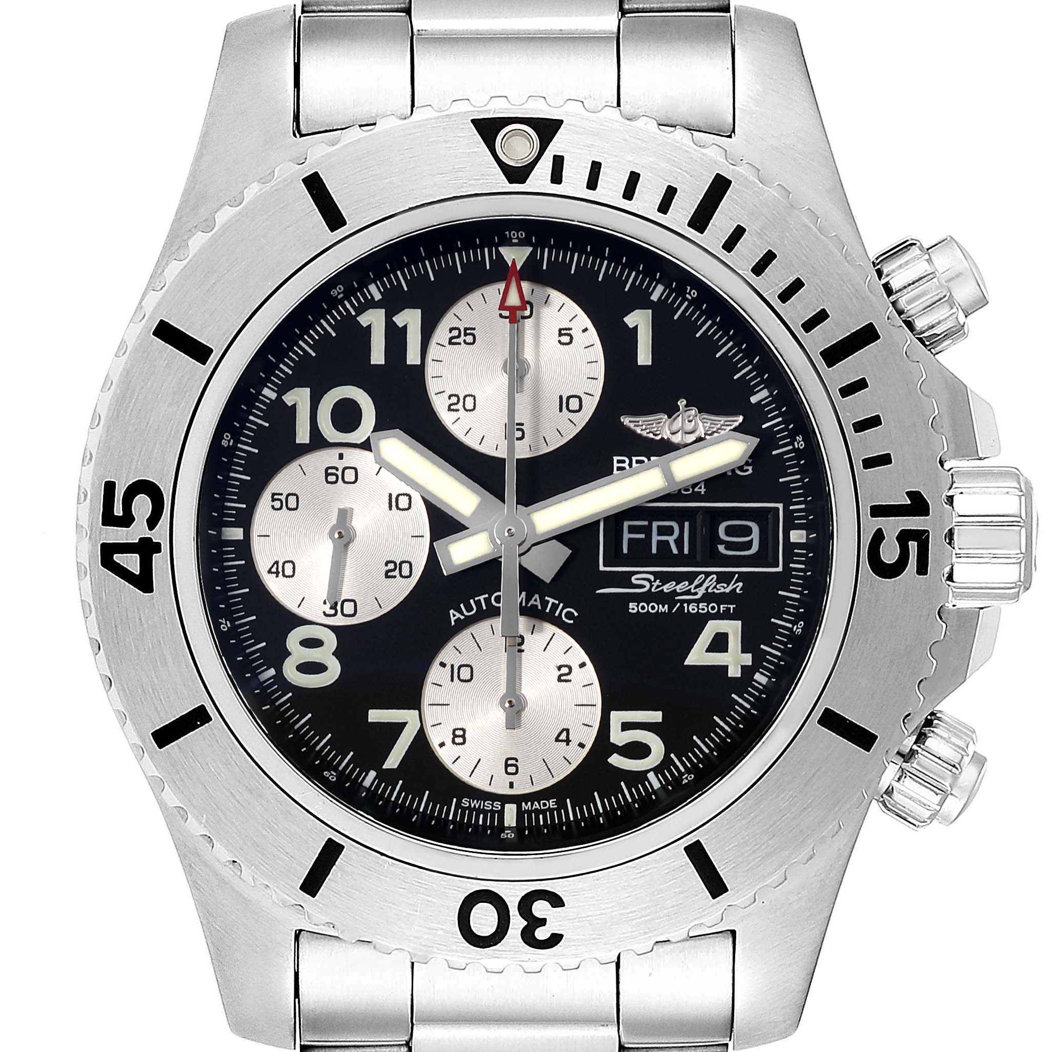 The Breitling Superocean A13341C3/BD19 Men's Stainless Steel Black Dial A13341C3/BD19 Men's Stainless Steel Black Dial watch is shown from the front, displaying the dial, bezel, and crown details.