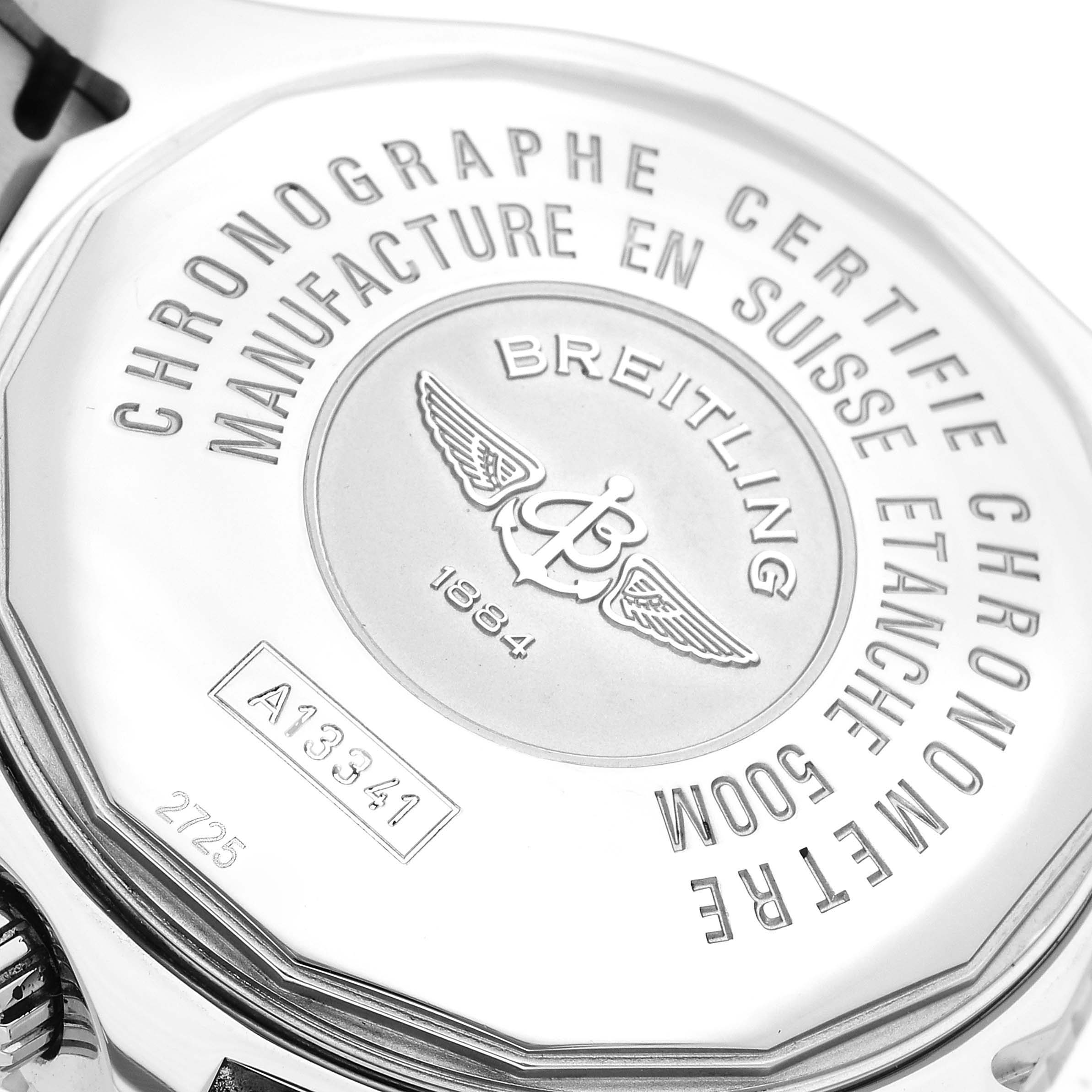 This image shows the back of a Breitling Superocean A13341C3/BD19 Men's Stainless Steel Black Dial A13341C3/BD19 Men's Stainless Steel Black Dial watch, highlighting the engravings and brand logo.