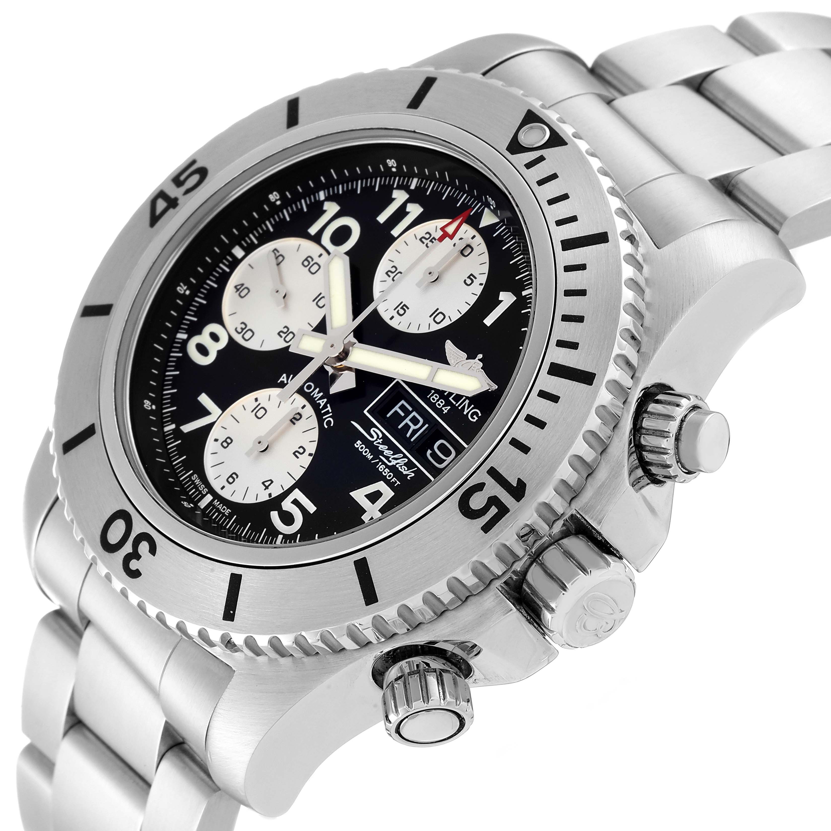 The image shows a Breitling Superocean A13341C3/BD19 Men's Stainless Steel Black Dial A13341C3/BD19 Men's Stainless Steel Black Dial watch at an angle, highlighting the bezel, dial, subdials, and bracelet.
