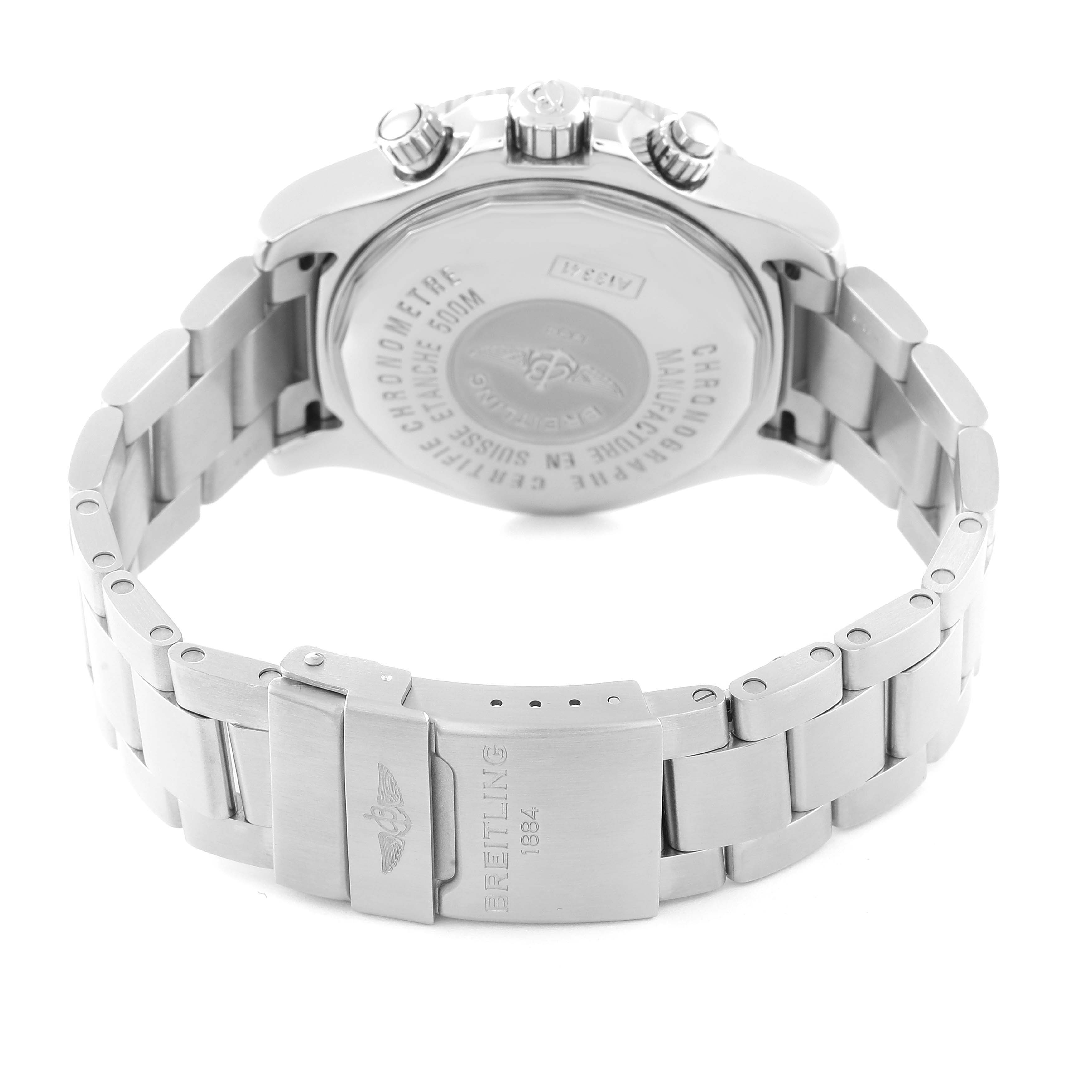 The image shows the back view and clasp of the Breitling Superocean A13341C3/BD19 Men's Stainless Steel Black Dial A13341C3/BD19 Men's Stainless Steel Black Dial watch, highlighting its stainless steel bracelet and case back.